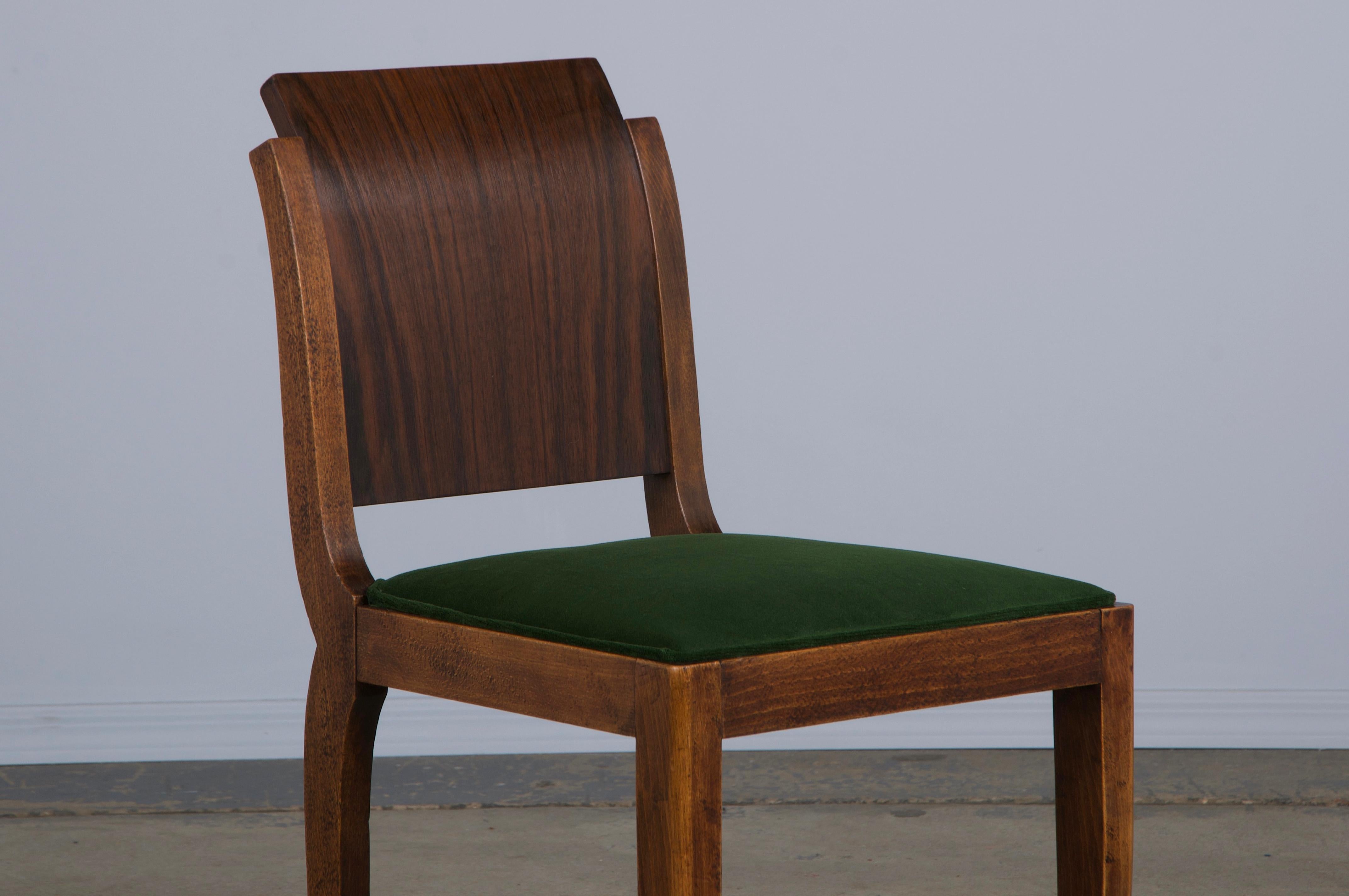 20th Century Six Art Deco Rosewood Dining Chairs in Green Velvet For Sale