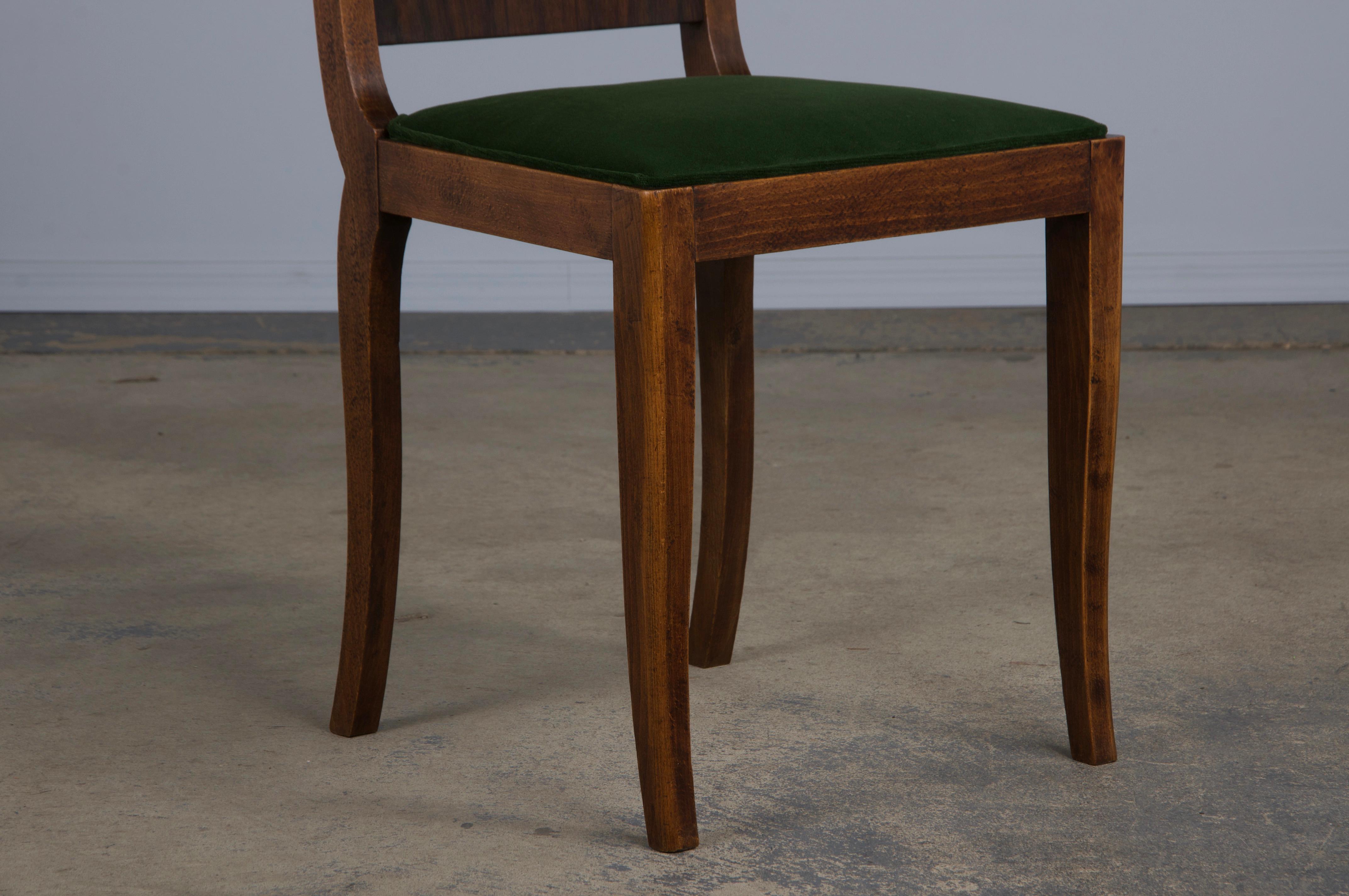 Six Art Deco Rosewood Dining Chairs in Green Velvet For Sale 3