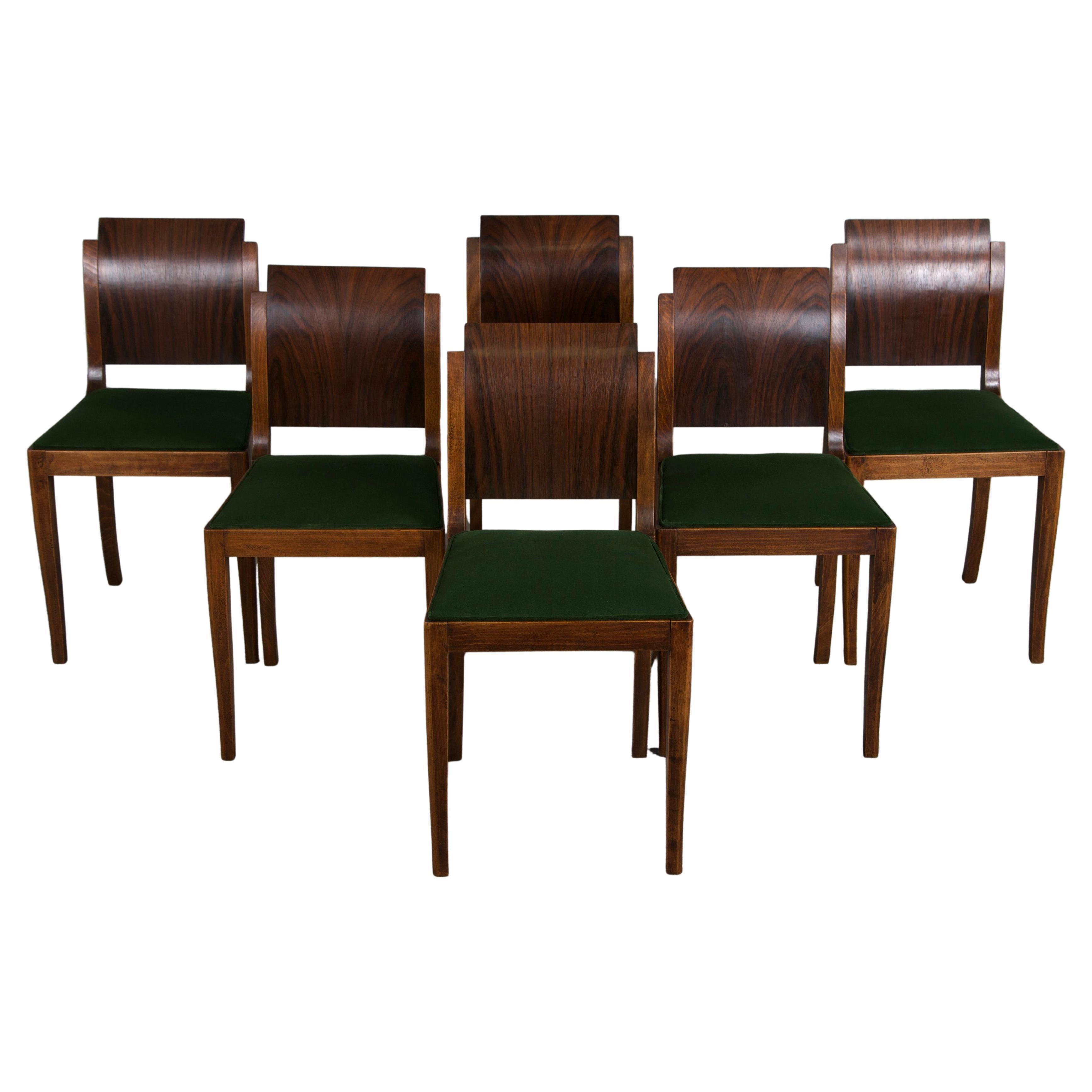 Six Art Deco Rosewood Dining Chairs in Green Velvet