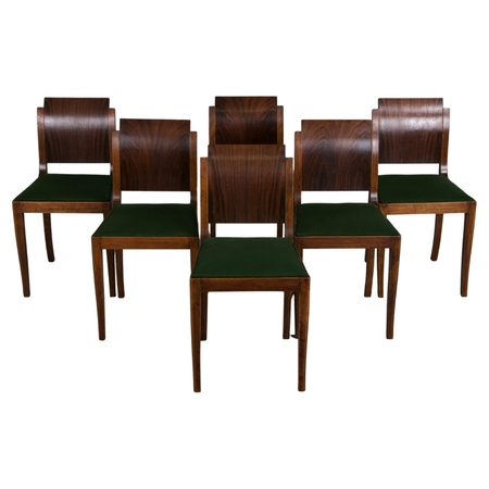 Six Art Deco Rosewood Dining Chairs in Green Velvet