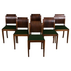 Six Art Deco Rosewood Dining Chairs in Green Velvet