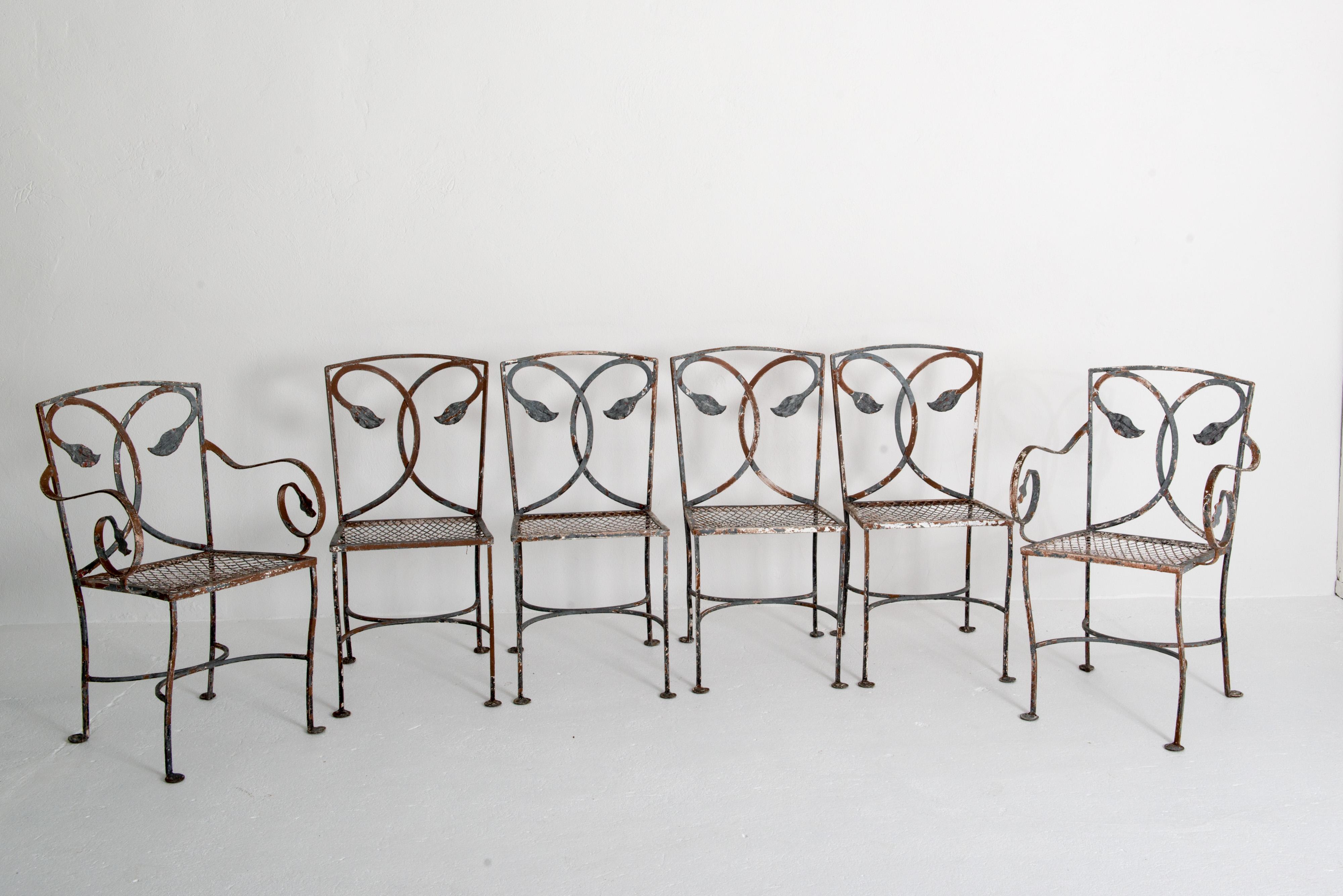 American Craftsman Six 1930s Handwrought Iron Salterini Dining Chairs