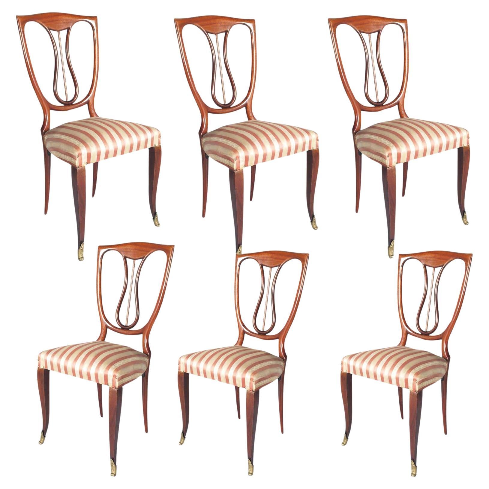 Six chaises des années 1940 en acajou Melchiorre Bega attribuées à la Galleria Mobili Arte