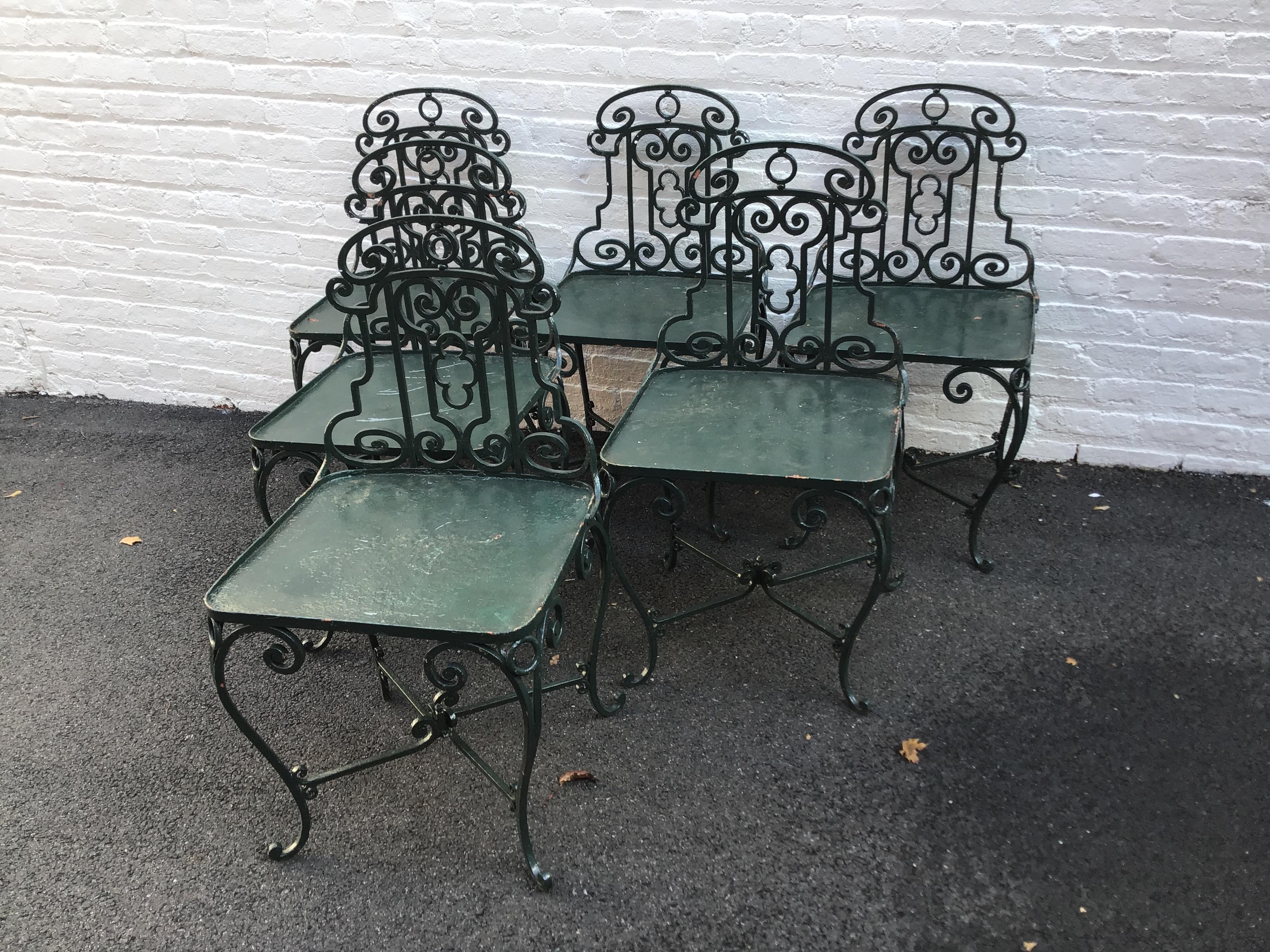 Six 1940s French wrought iron garden chairs. Great quality, heavy chairs. From a 59 million dollar Southampton, NY oceanfront estate.