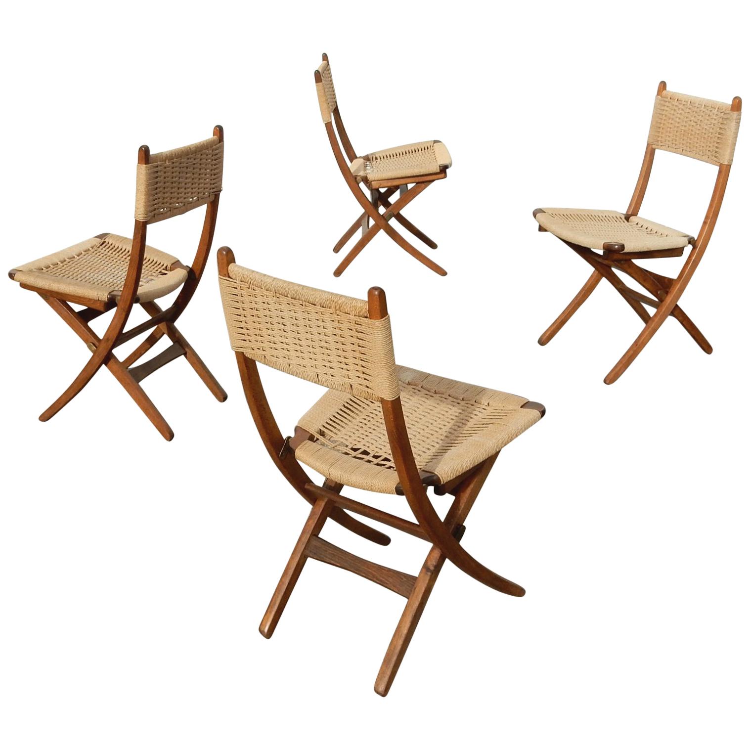 Six, 1950s Rope Upholstered Scissor Dining Chairs in the Style of Hans Wegner