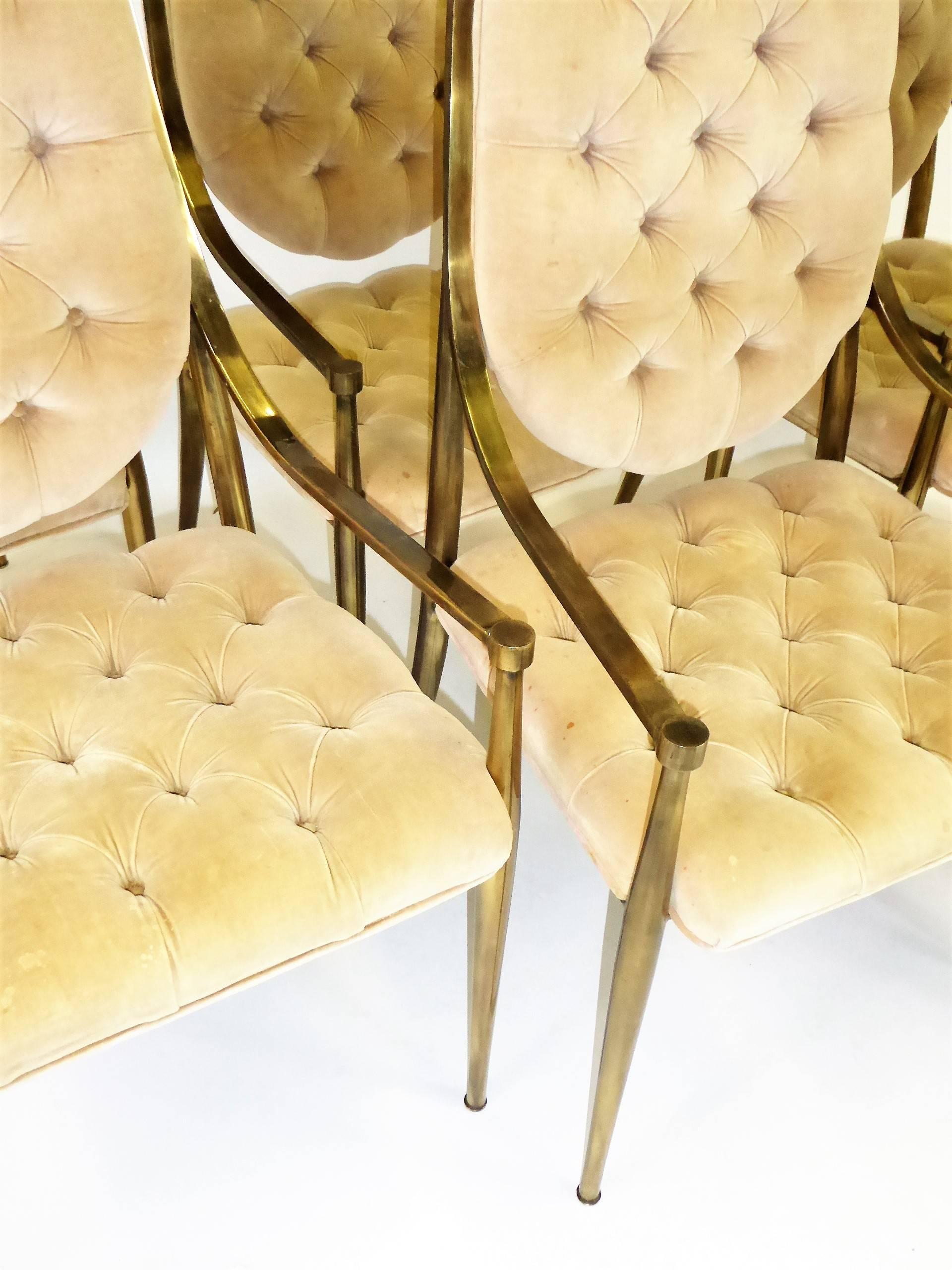 Mid-20th Century Six 1960s Mastercraft Antiqued Brass Tufted Velvet Dining Chairs