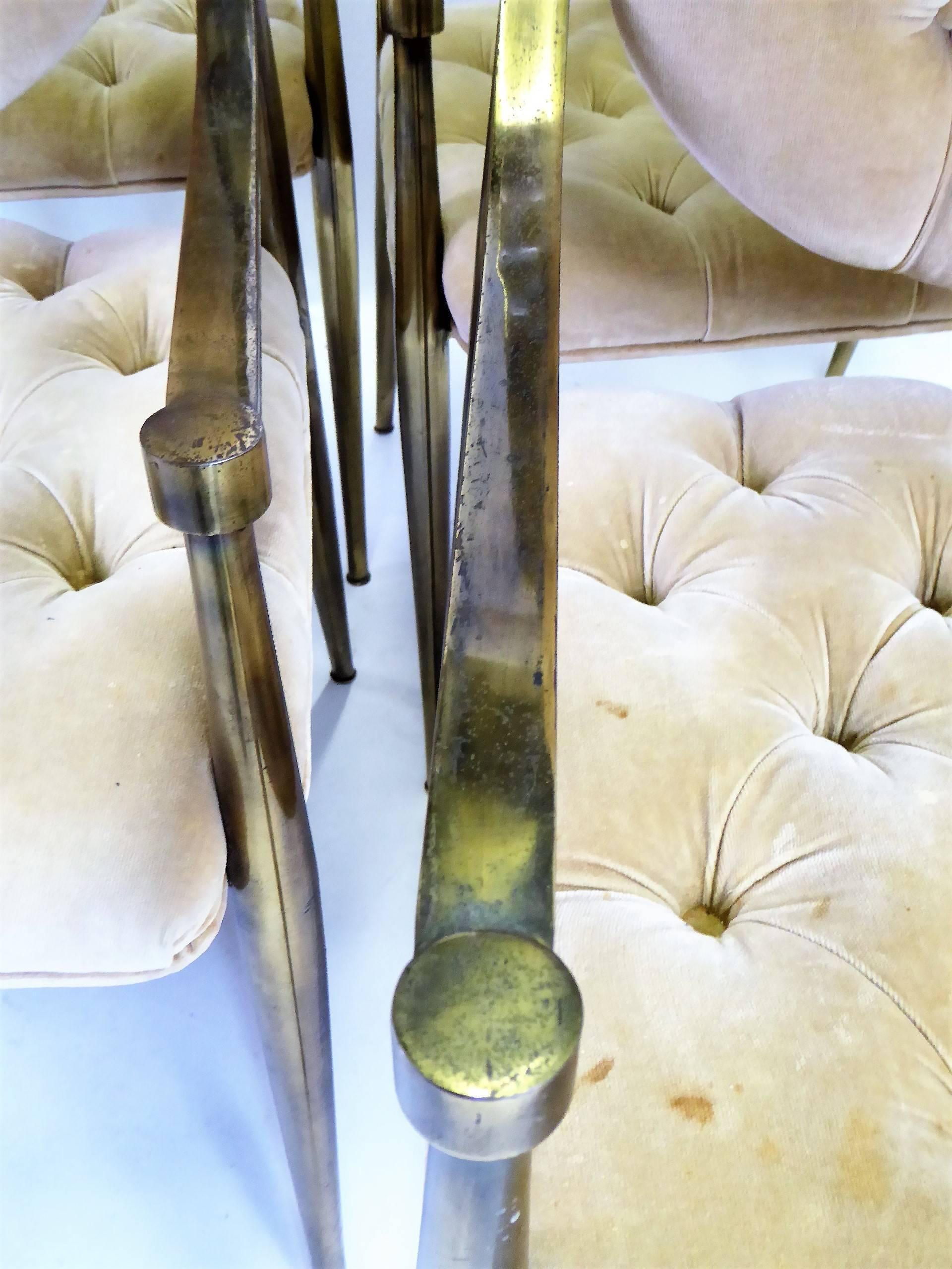 Six 1960s Mastercraft Antiqued Brass Tufted Velvet Dining Chairs 3
