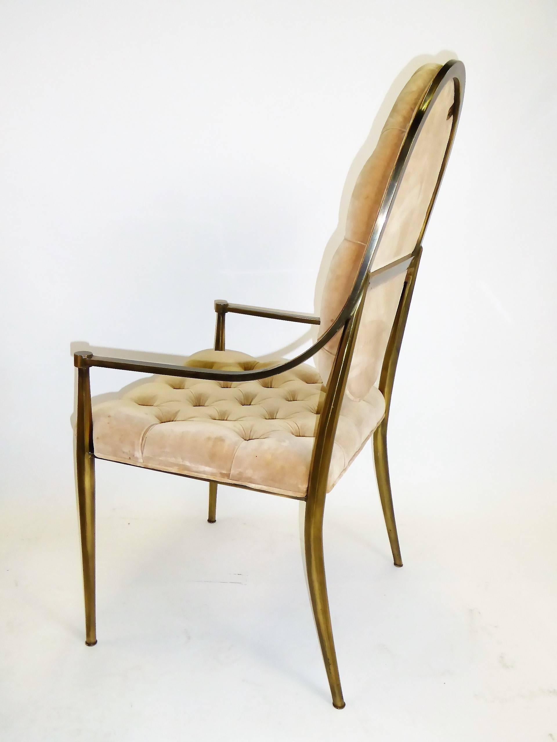 Hollywood Regency Six 1960s Mastercraft Antiqued Brass Tufted Velvet Dining Chairs