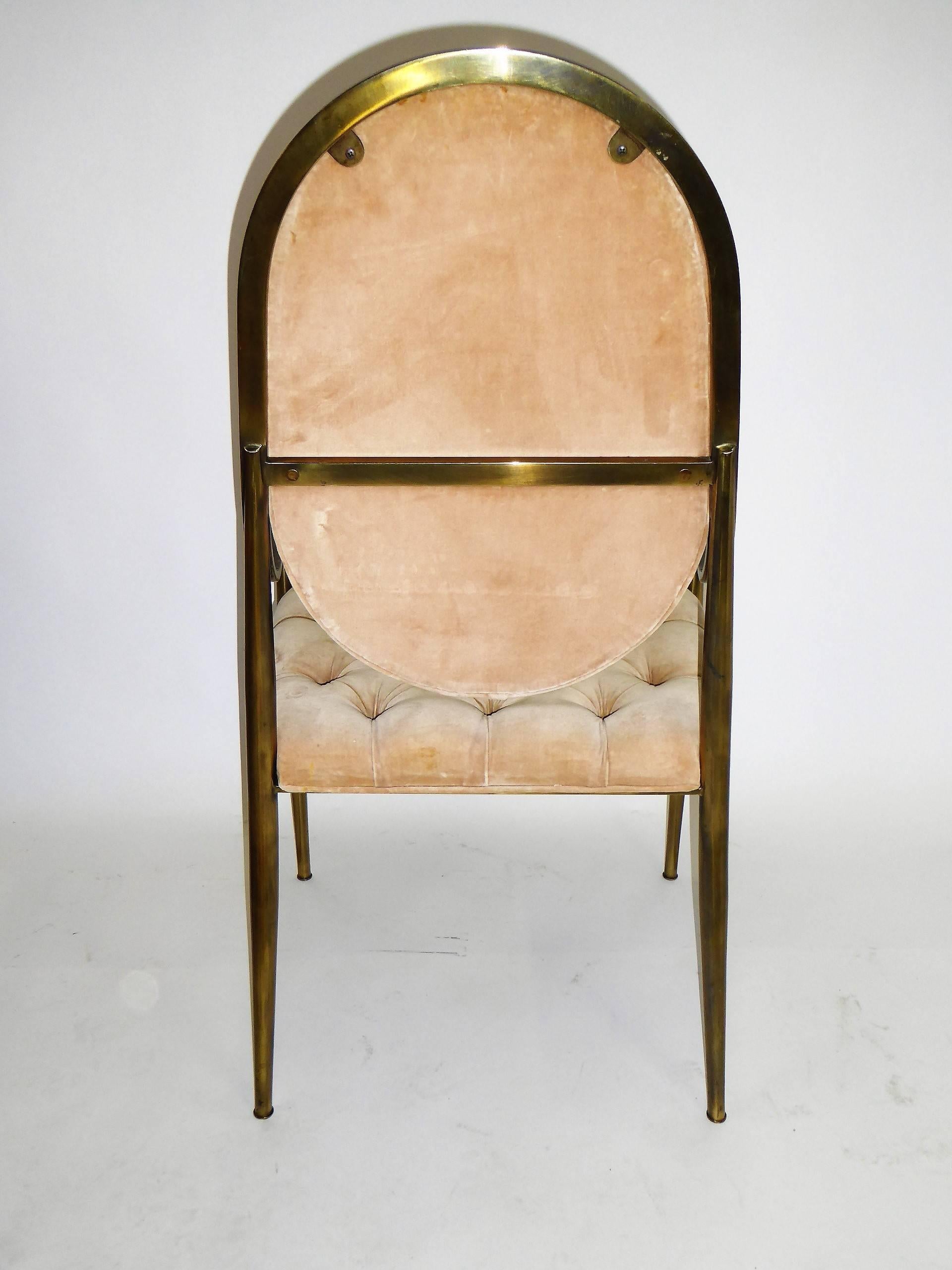 Patinated Six 1960s Mastercraft Antiqued Brass Tufted Velvet Dining Chairs