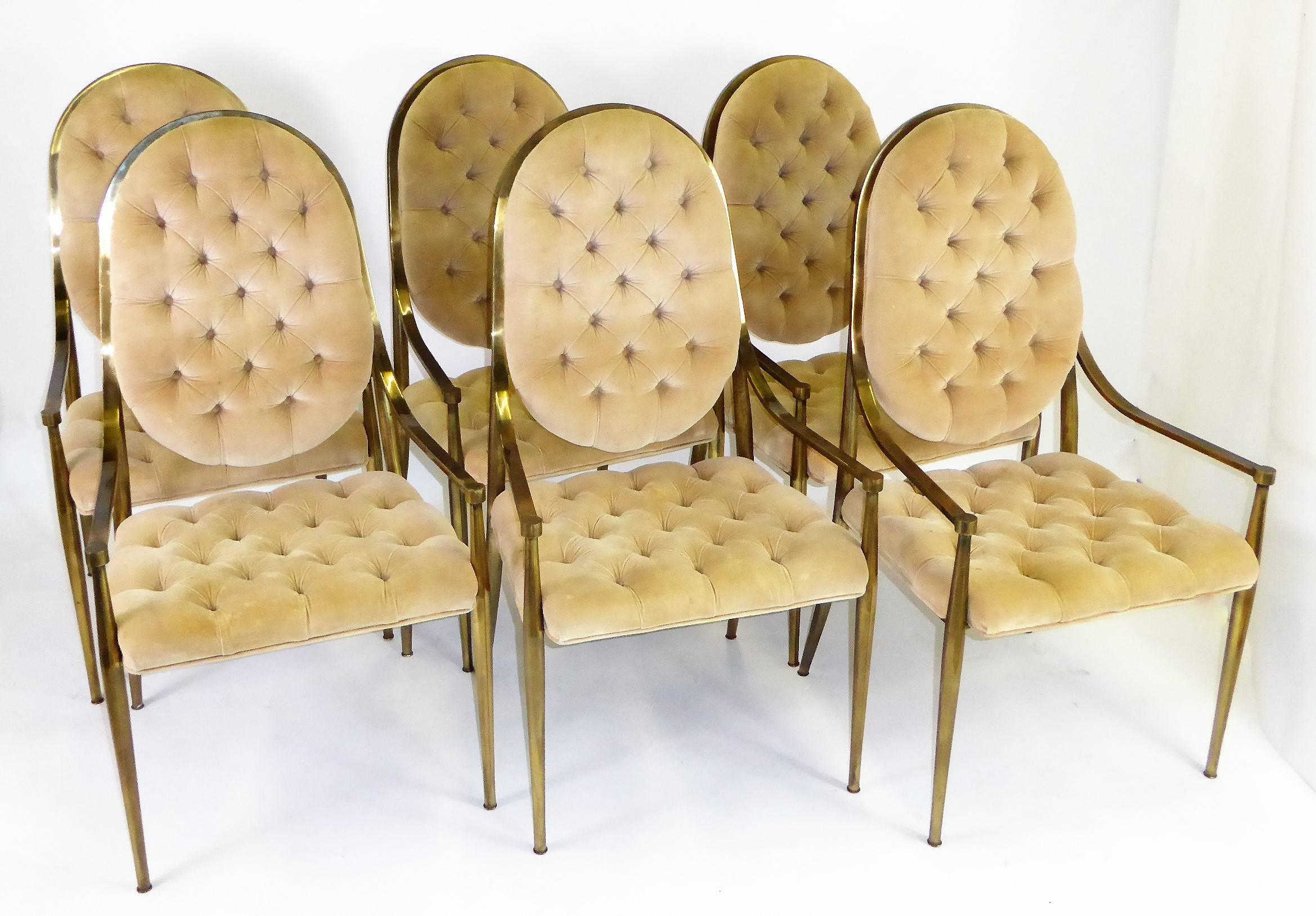Six 1960s Mastercraft Antiqued Brass Tufted Velvet Dining Chairs In Good Condition In Miami, FL
