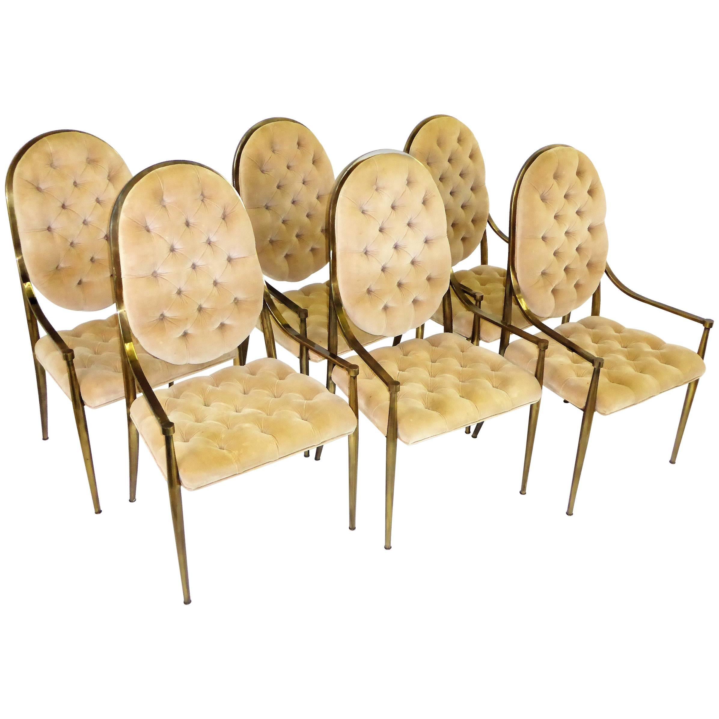 Six 1960s Mastercraft Antiqued Brass Tufted Velvet Dining Chairs