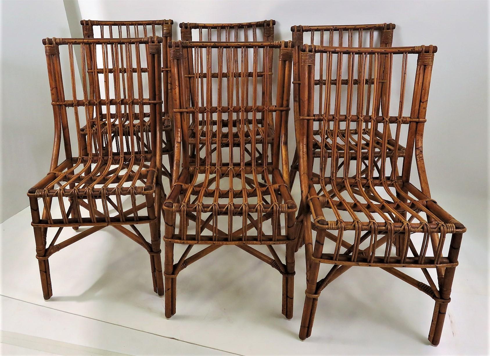 Mid-Century Modern Six 1960s Rattan & Twig Dal Vera Dining Chairs