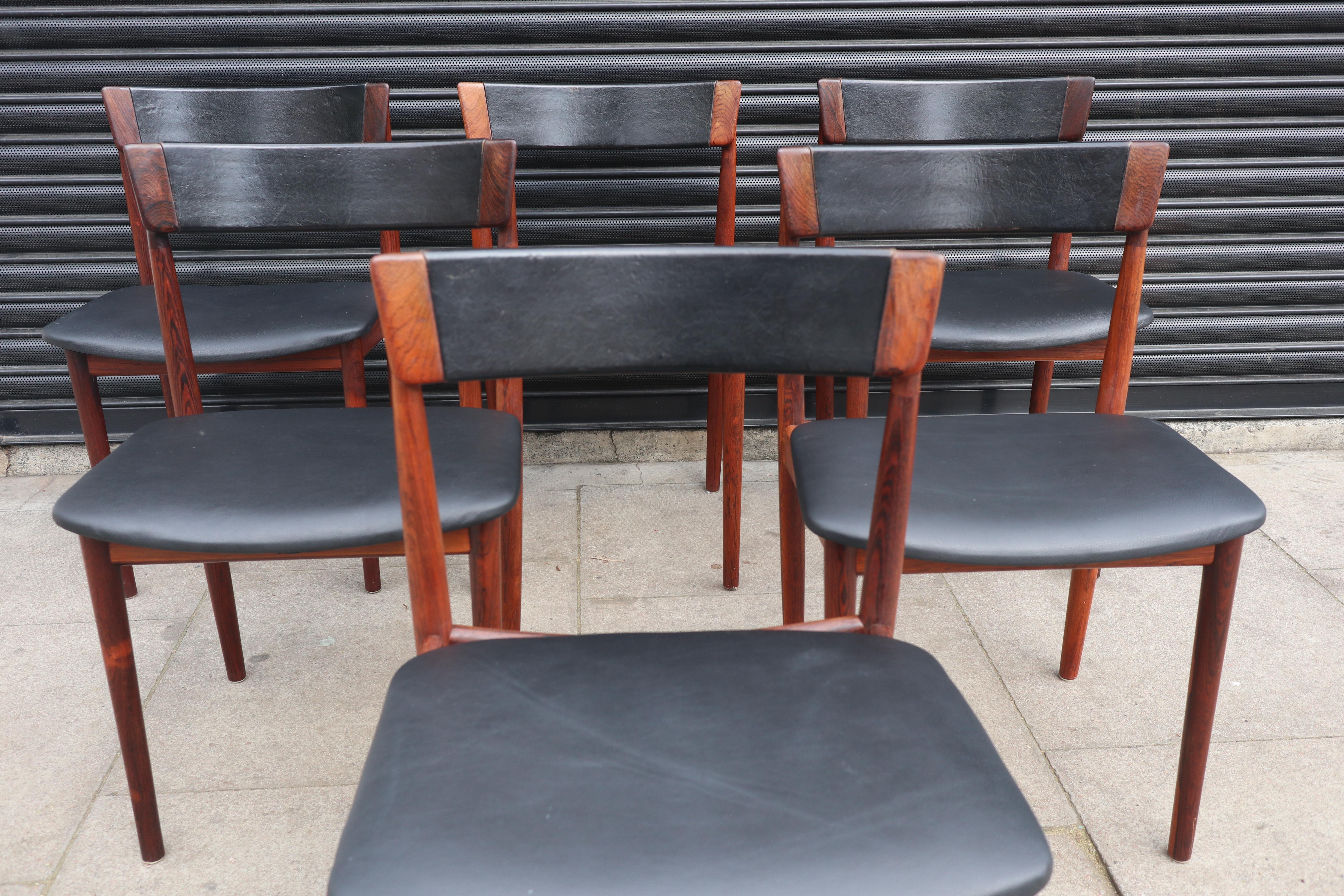 Six chaises de salle à manger Henry Rosengren Hansen en bois de rose et cuir des années 1960, modèle 39  en vente 10