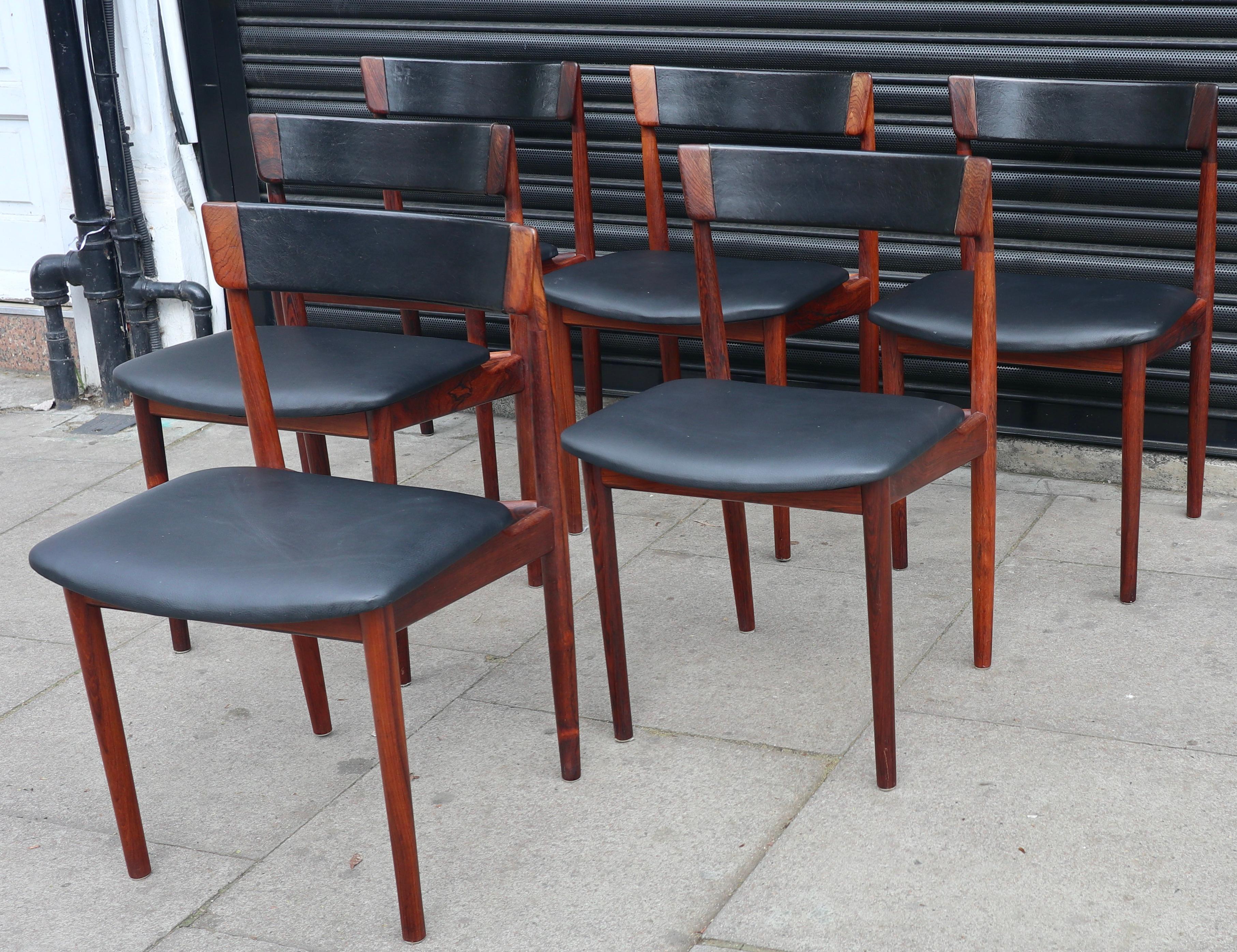 Six chaises de salle à manger Henry Rosengren Hansen en bois de rose et cuir des années 1960, modèle 39  en vente 11