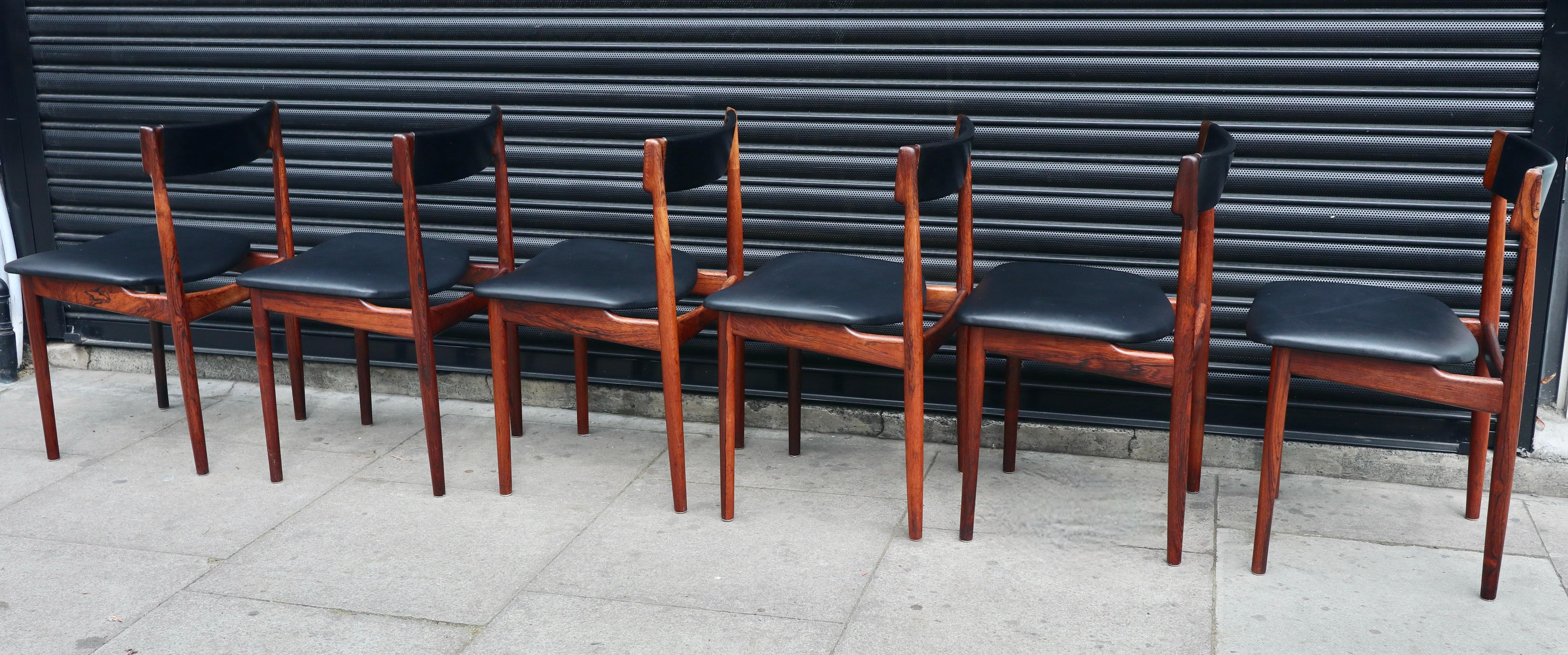 Six 1960s Rosewood and Leather Henry Rosengren Hansen Dining Chairs Model 39  For Sale 1
