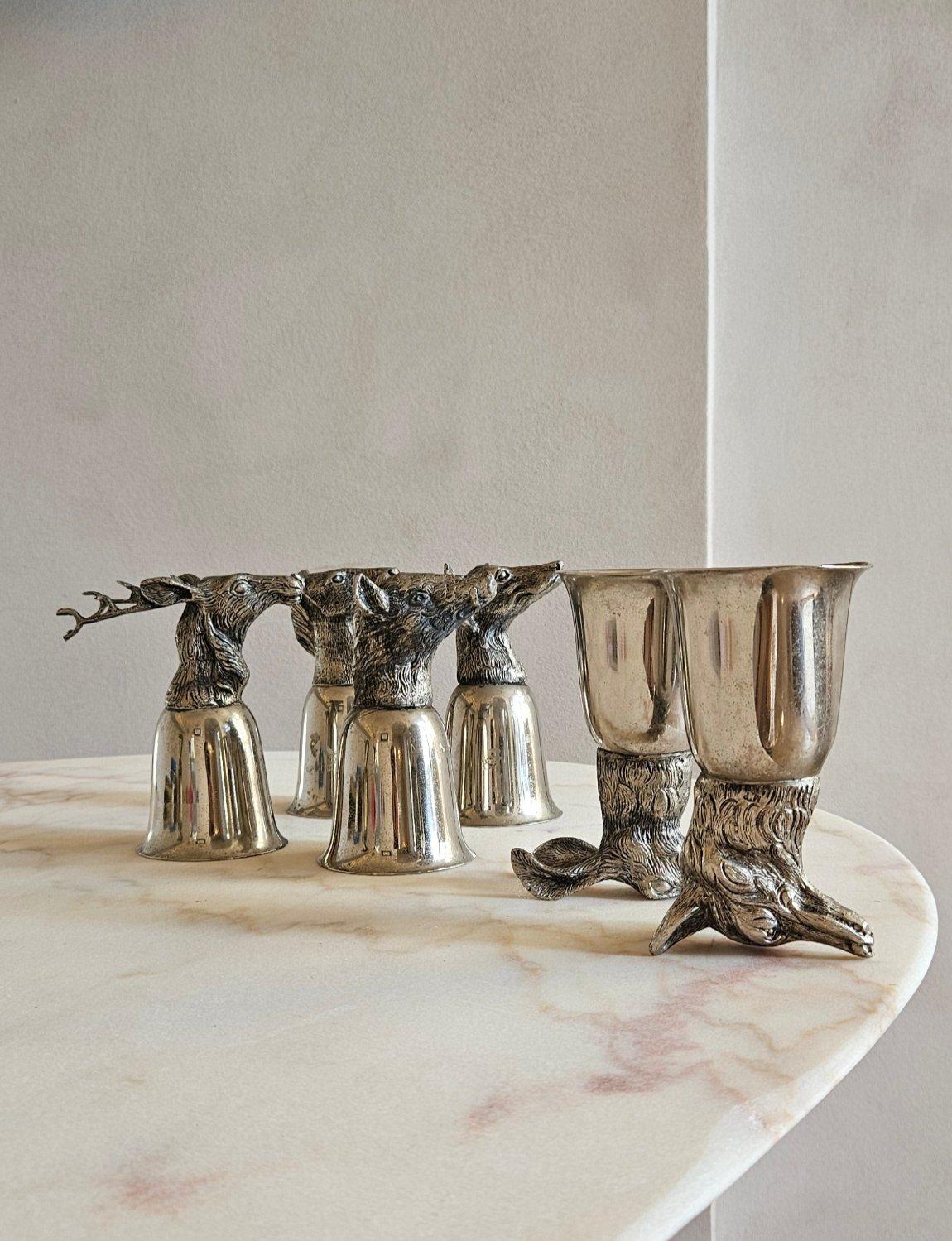 These wonderfully eccentric wine glasses are silver-plated and each have the head of a different woodland animal - Wild boar, Horse, Fox, Hare, Dog, Stag. They sit on the dining table cup side down for optimum effect so that the heads are on full