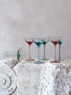 Six 1980s Multi-colour Hand-Blown Murano Cocktail Glasses with glass Olive