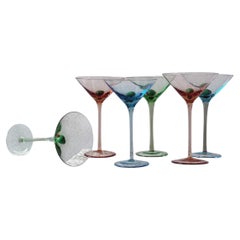 Six 1980s Multi-colour Hand-Blown Murano Cocktail Glasses with glass Olive