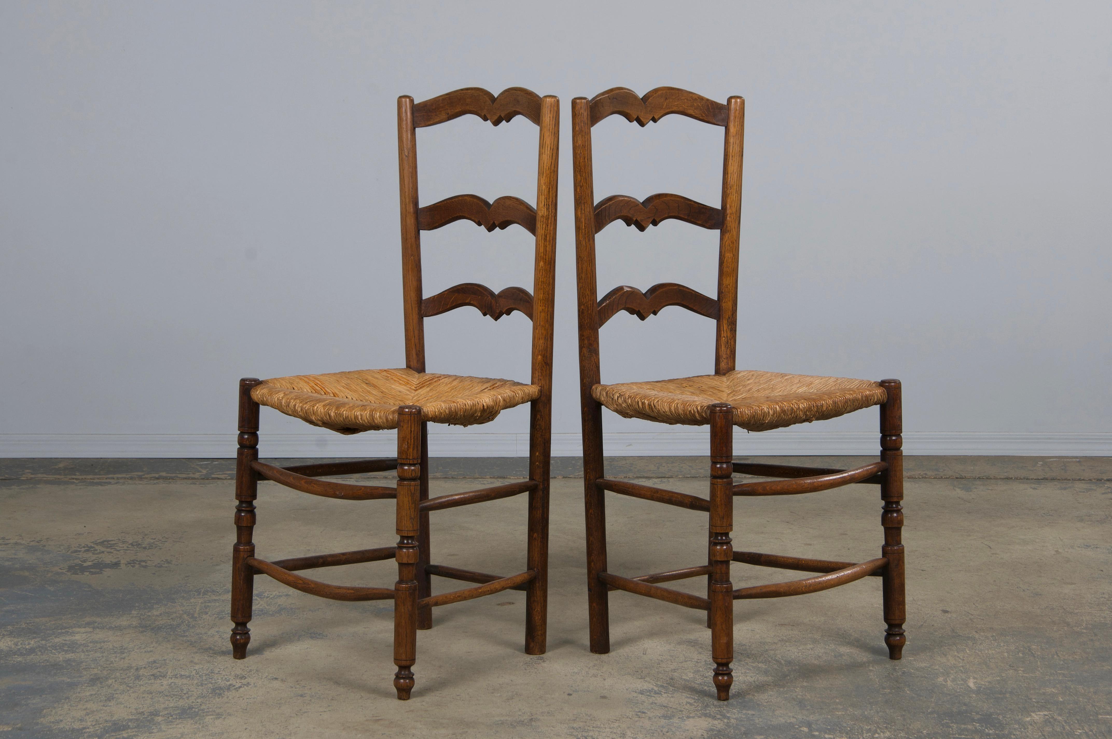Six 19th Century French Provincial Ladder Back Oak Dining Chairs W/ Rush Seats For Sale 9