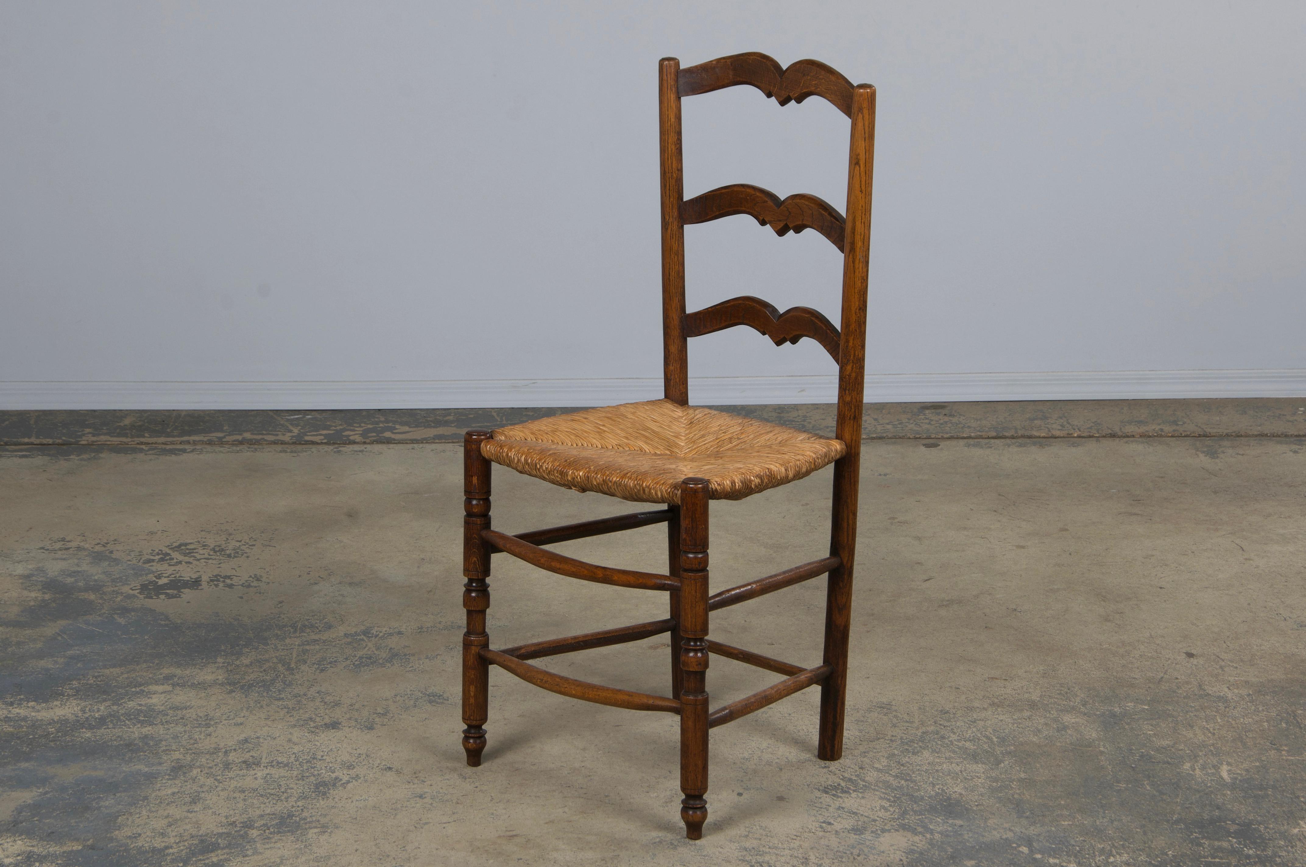 Six 19th Century French Provincial Ladder Back Oak Dining Chairs W/ Rush Seats For Sale 12