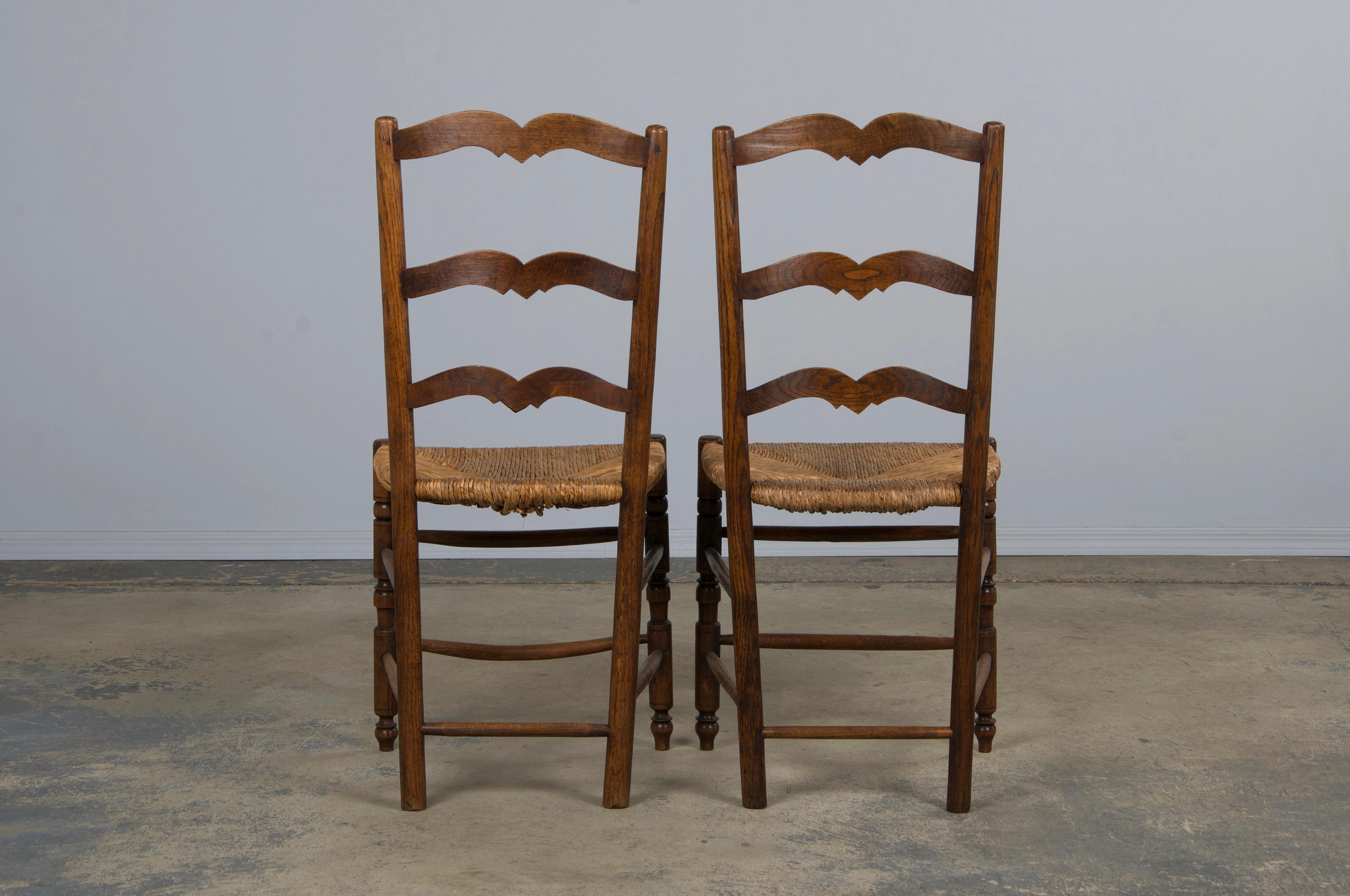 Six 19th Century French Provincial Ladder Back Oak Dining Chairs W/ Rush Seats For Sale 15