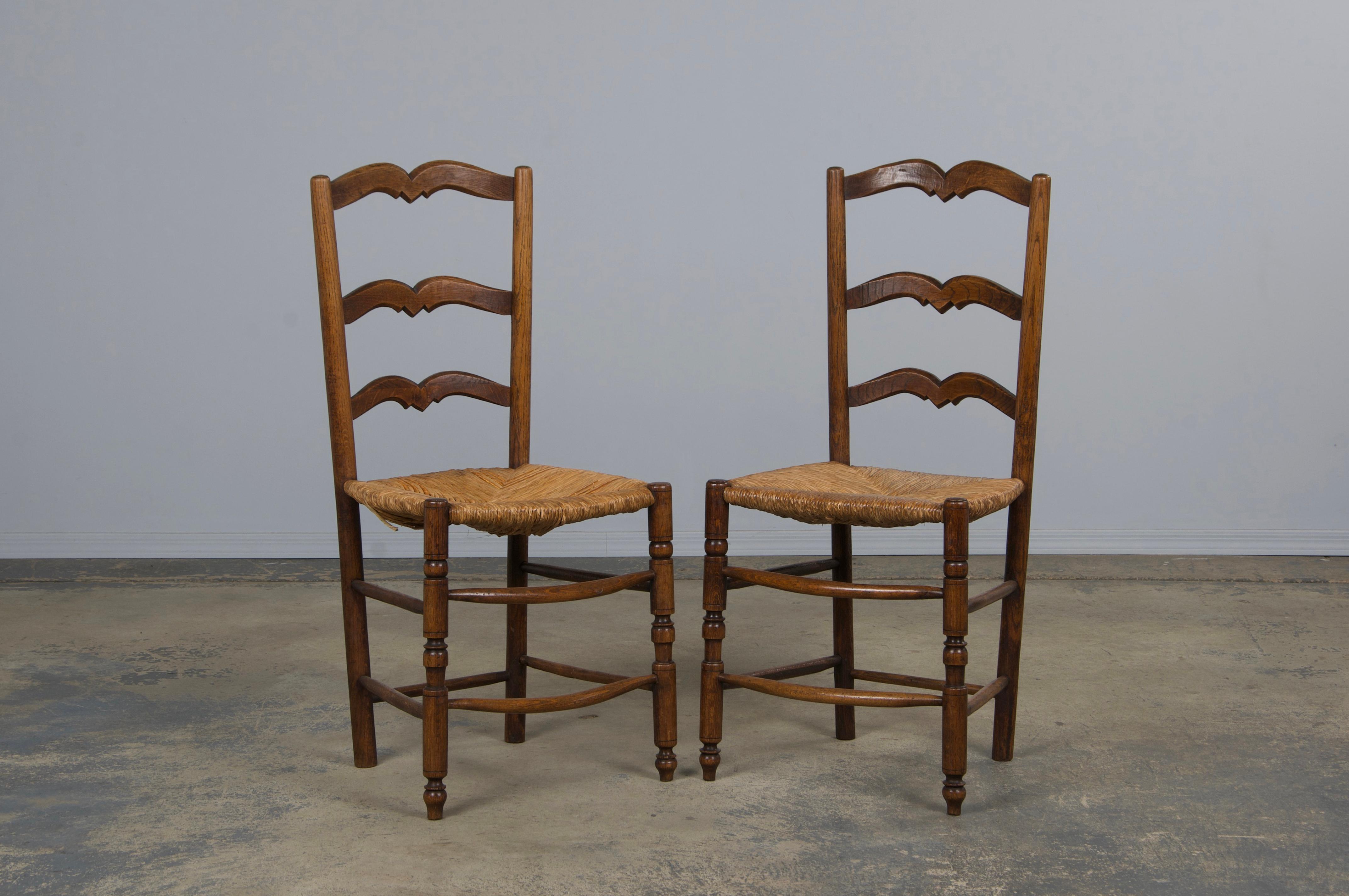 Six 19th Century French Provincial Ladder Back Oak Dining Chairs W/ Rush Seats For Sale 2