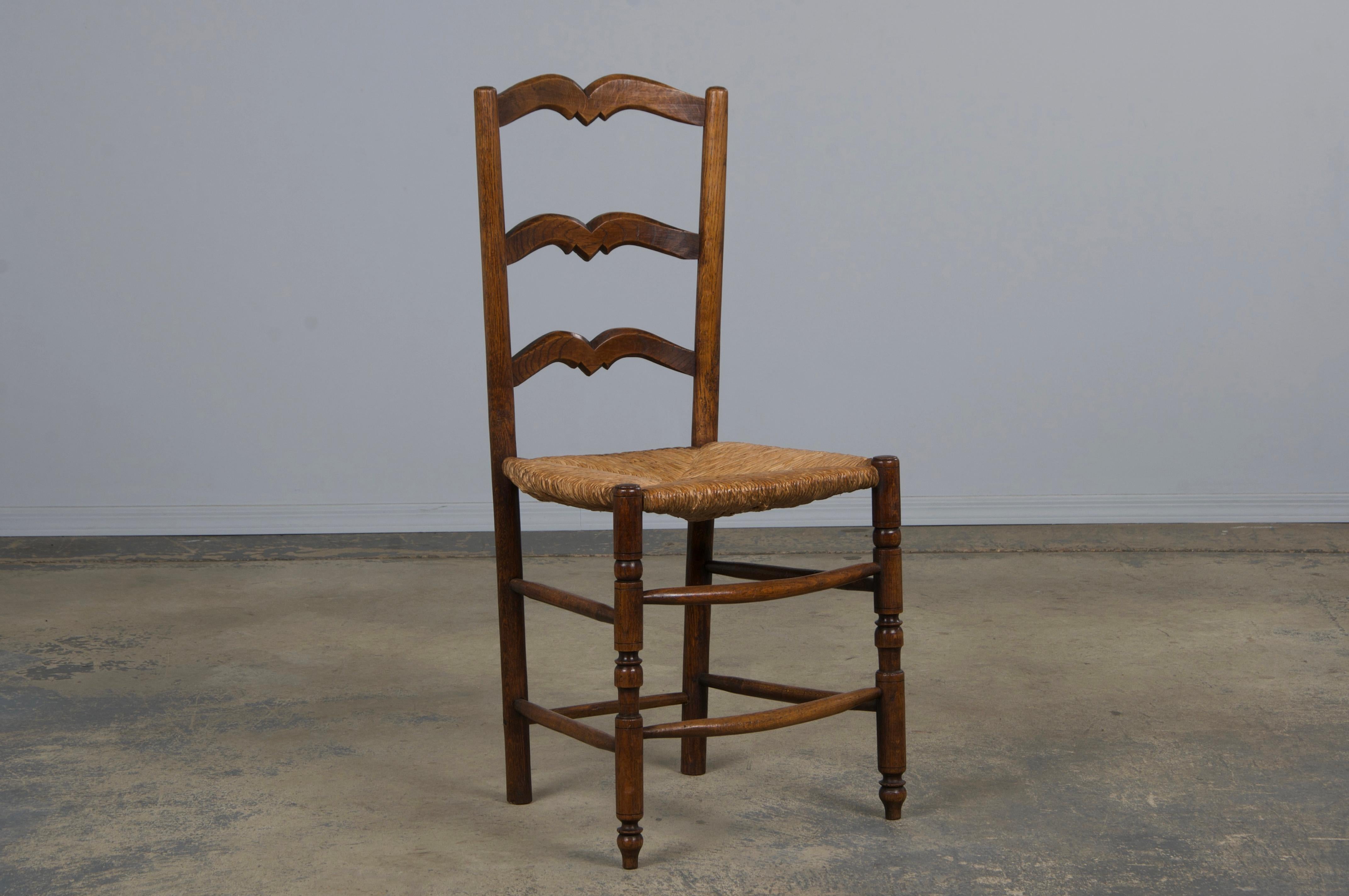 Six 19th Century French Provincial Ladder Back Oak Dining Chairs W/ Rush Seats For Sale 3