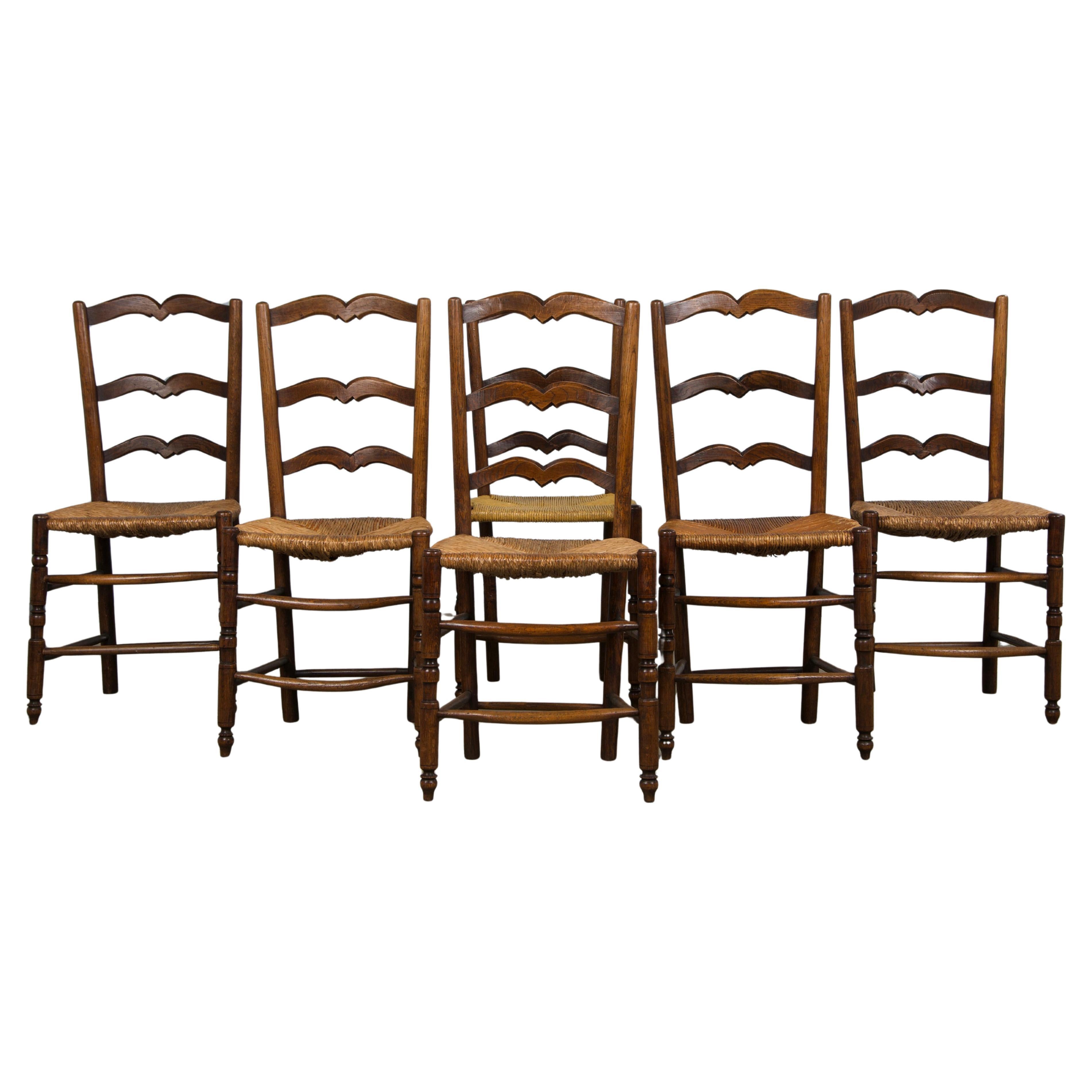 Six 19th Century French Provincial Ladder Back Oak Dining Chairs W/ Rush Seats