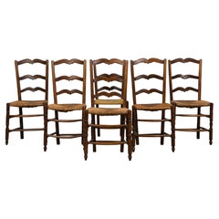 Six 19th Century French Provincial Ladder Back Oak Dining Chairs W/ Rush Seats