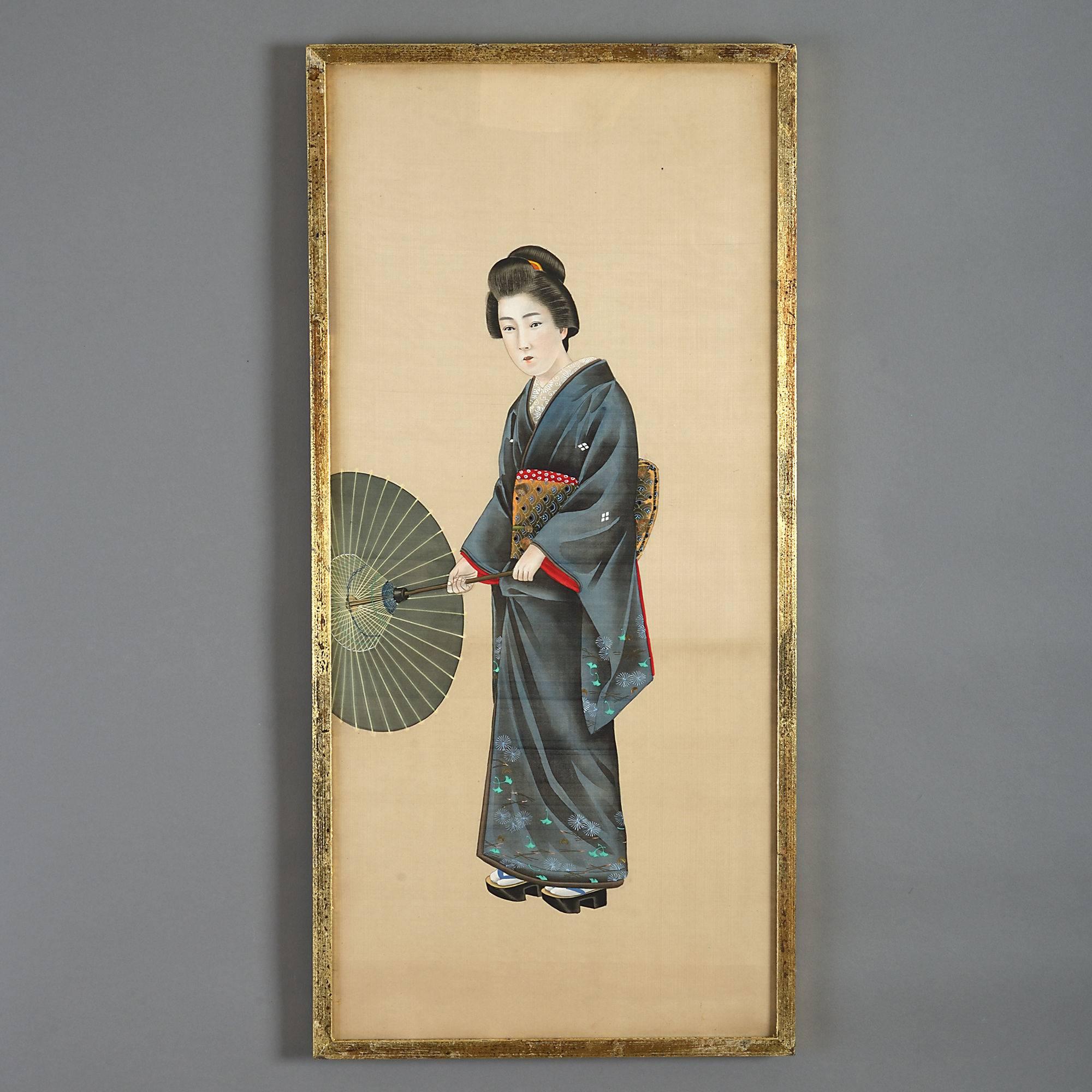A set of six Meiji period portraits of court figures, dressed in elaborate kimonos.

Gouache on silk, set in gilded tulipwood frames.