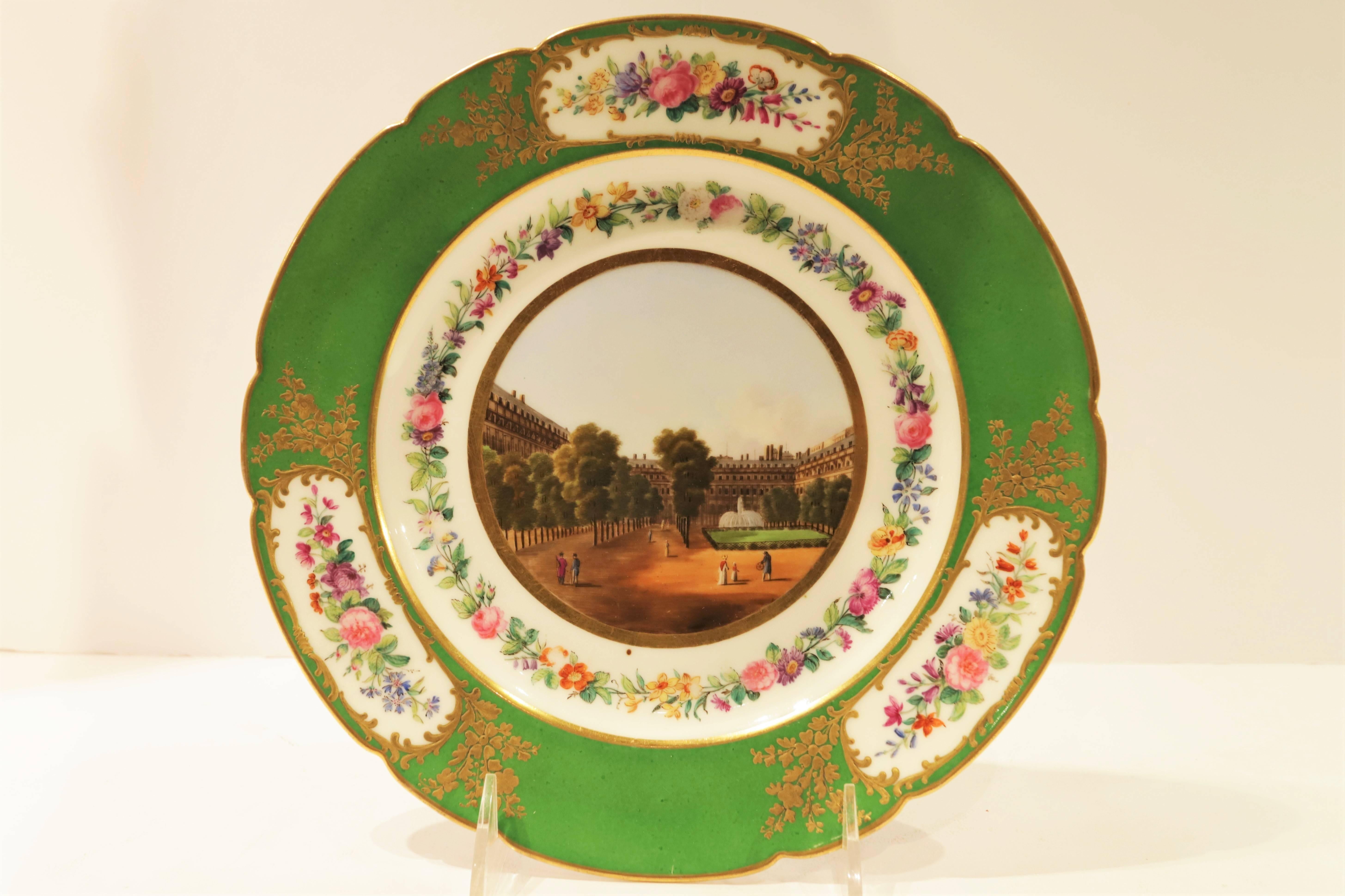 Six 19th century Paris porcelain plates painted with architectural scenes.
Each very finely hand-painted depicting various important historic places in Europe, including Palais Royal in France and the Pantheon in Italy.