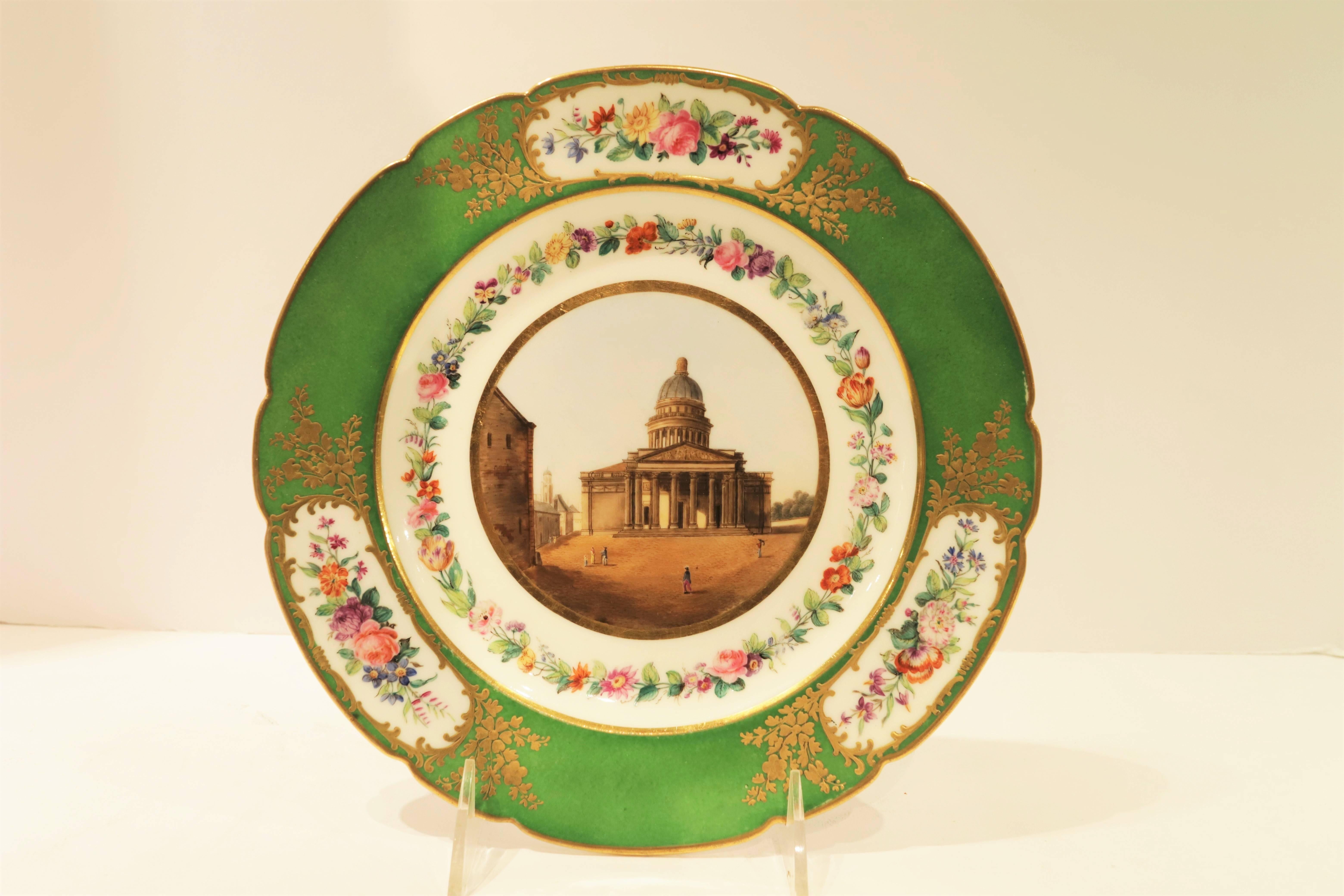 French Six 19th Century Paris Porcelain Plates Painted with Architectural Scenes