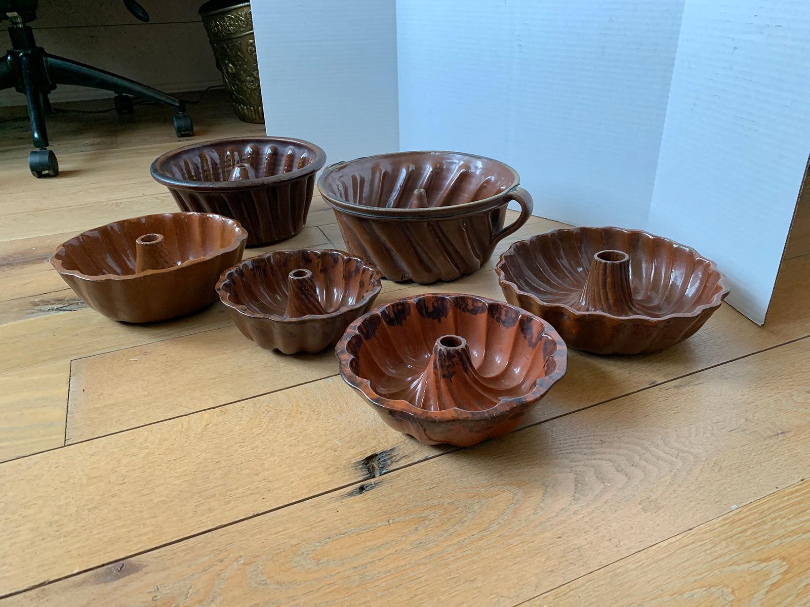 American Six 19th Century Pennsylvania Redware Glazed Pottery Turks Head Bundt Molds For Sale