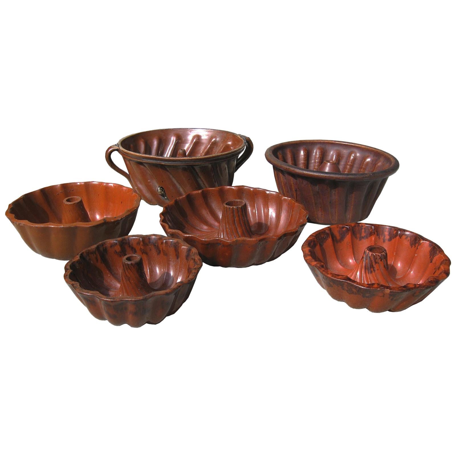 Six 19th Century Pennsylvania Redware Glazed Pottery Turks Head Bundt Molds For Sale