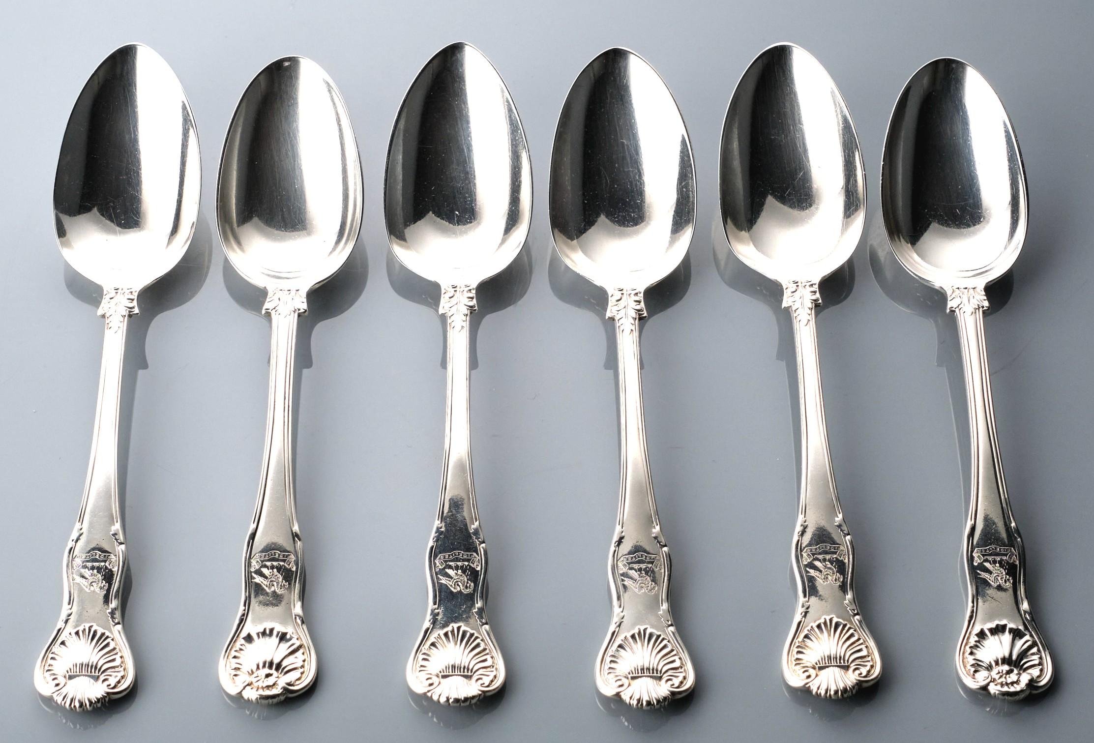 A very handsome and exceptionally heavy set of six William IV sterling silver table spoons / serving spoons in the King's Pattern.
All six bearing London hallmarks, four with date mark for 1832 and maker's marks for noted London silversmith Jonathan