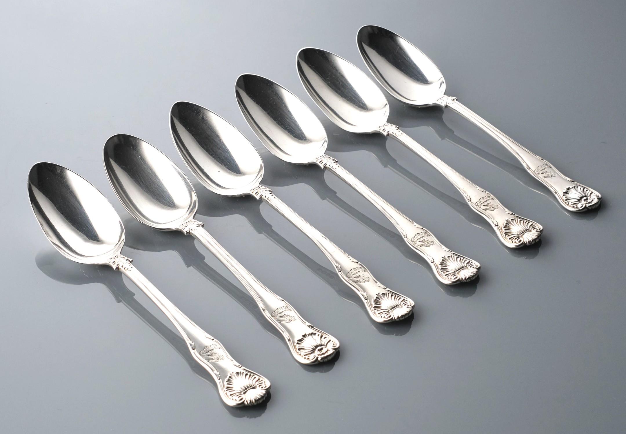 English Six Heavy 19th C. Sterling Silver Kings Pattern Table Spoons / Serving  Spoons  For Sale