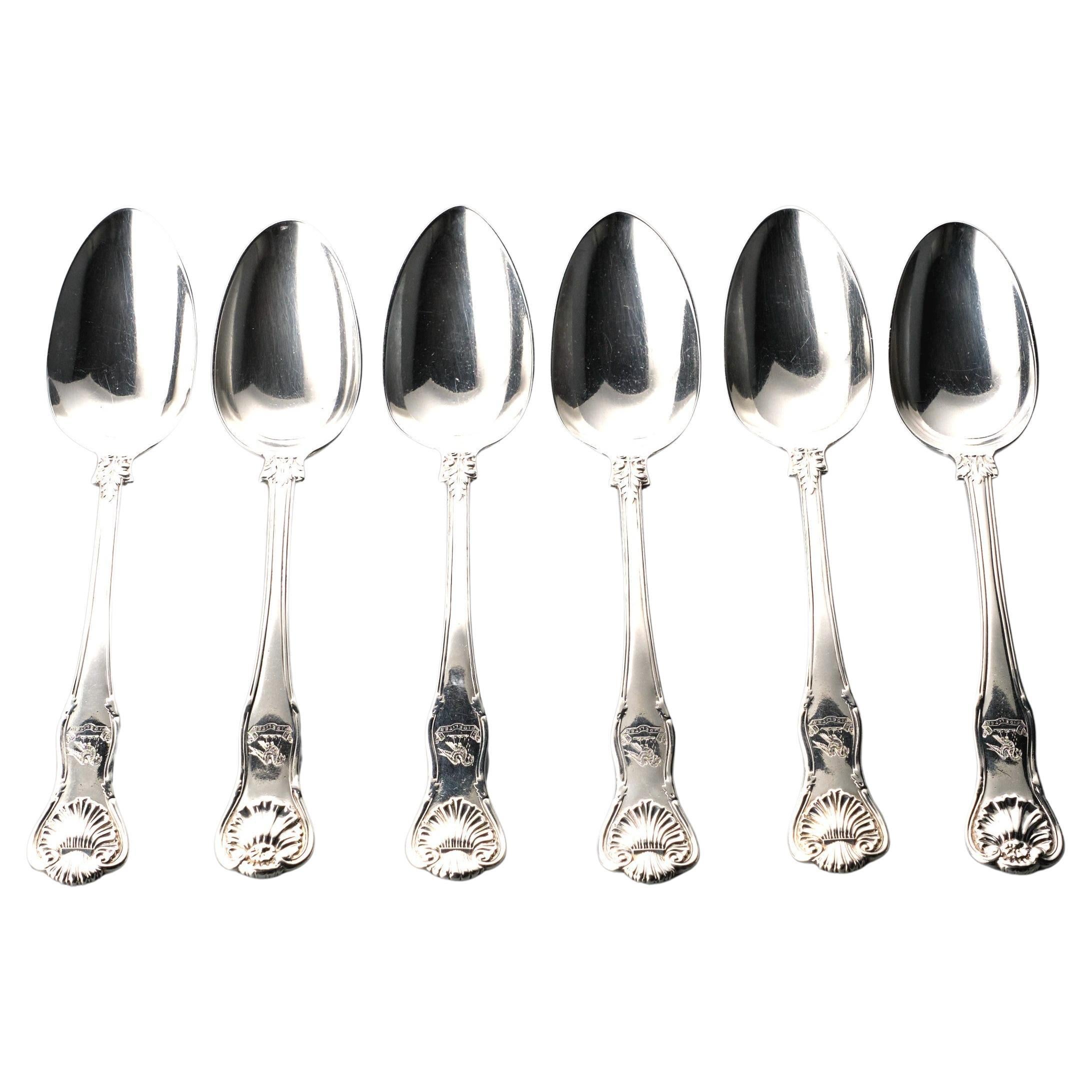 Six Heavy 19th C. Sterling Silver Kings Pattern Table Spoons / Serving  Spoons  For Sale