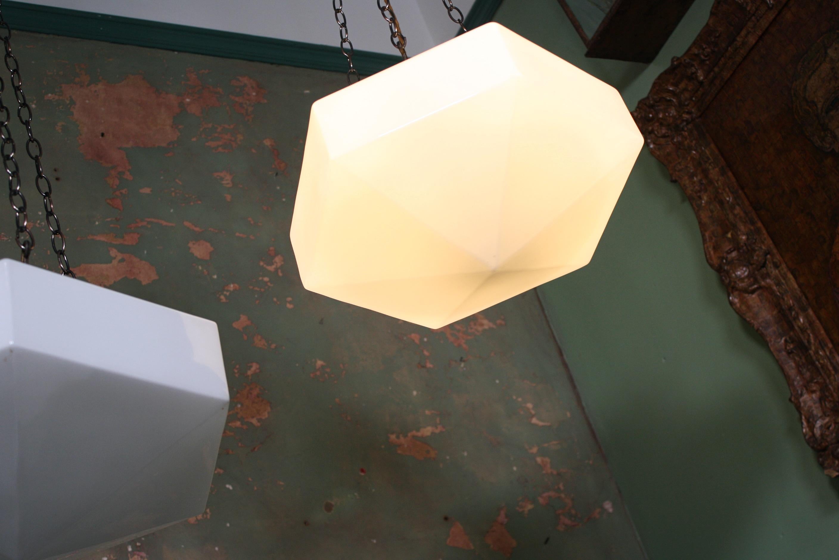 Trio 20th C Art Deco Hailwood & Ackroyd Large Hexagonal Opaline Pendants Lights 4