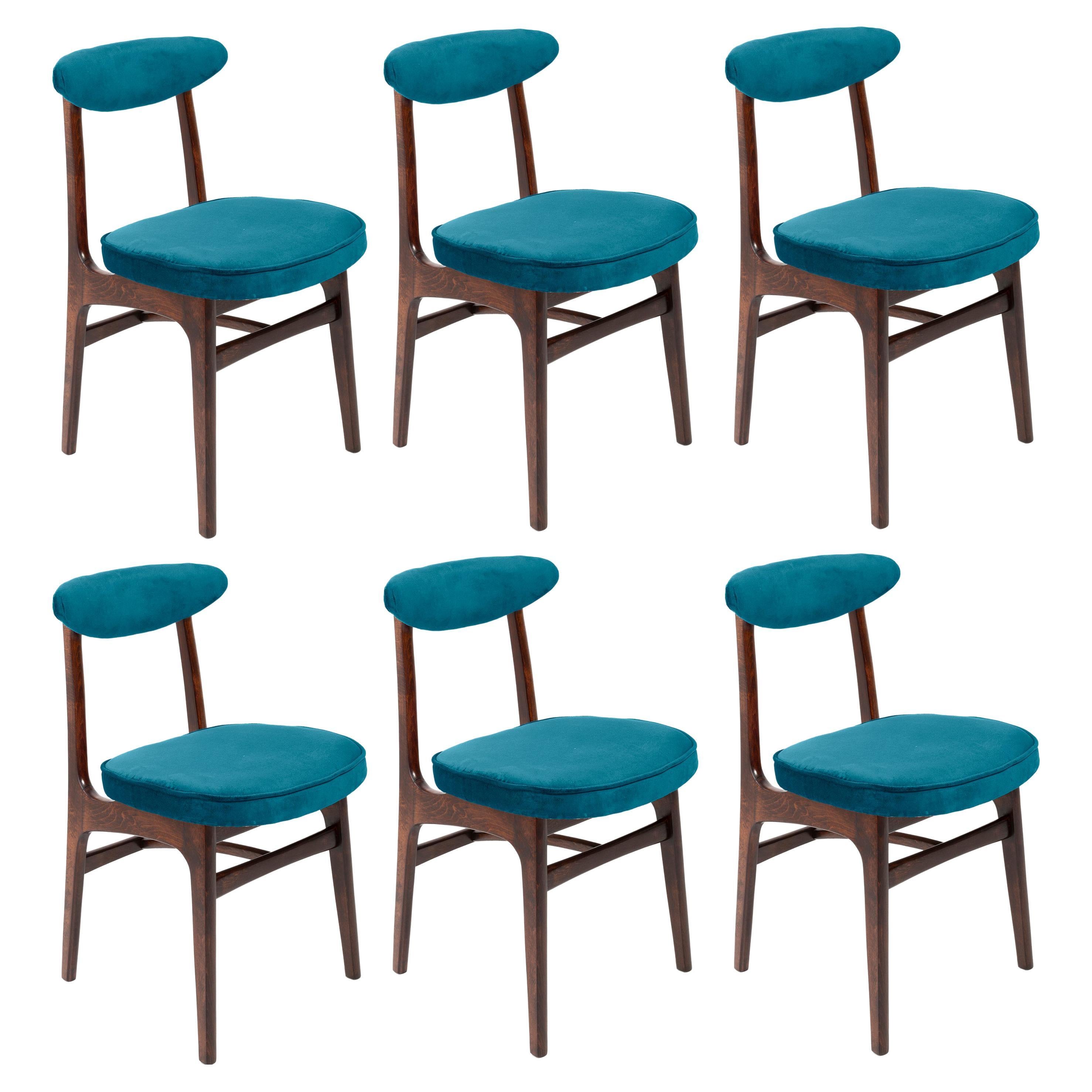 Six 20th Century Petrol Blue Velvet Chairs by Rajmund Halas, Europe, 1960s For Sale