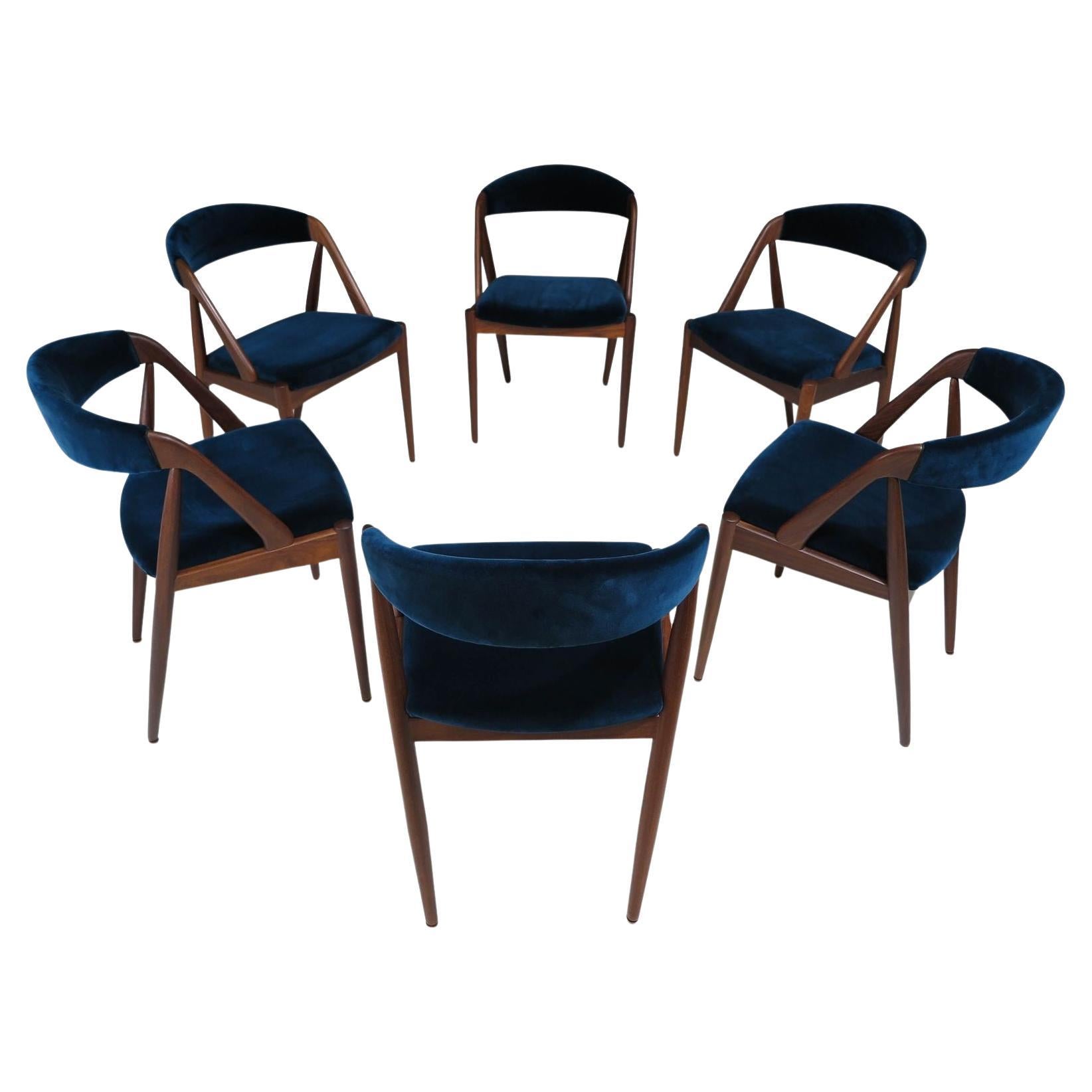 Six (6) Restored Kai Kristiansen Danish Dining Chairs in Teal Velvet