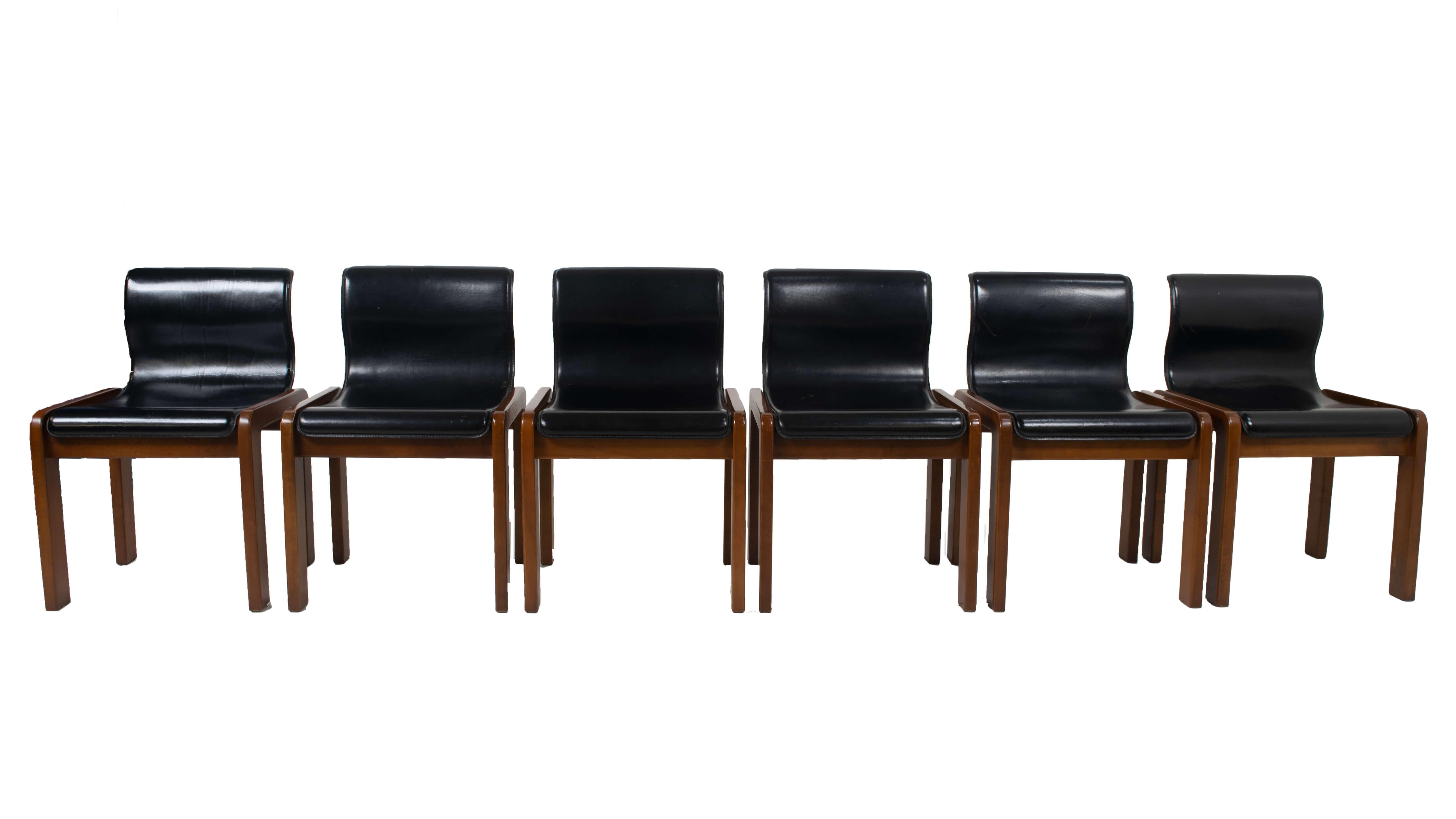 Mid-Century Modern Six Afra & Tobia Scarpa Midcentury Leather and Plywood Dining Chairs, Italy