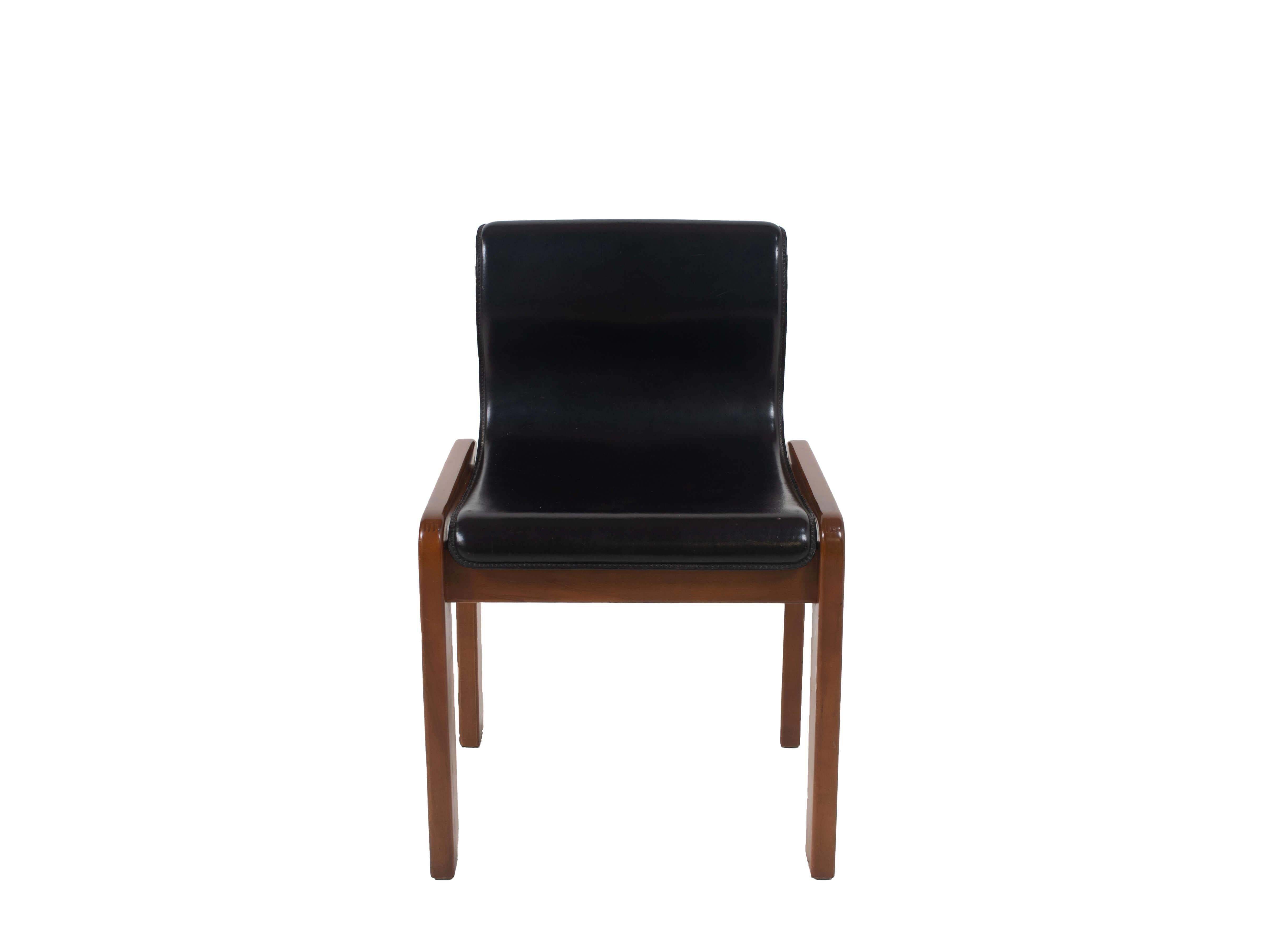 Mid-20th Century Six Afra & Tobia Scarpa Midcentury Leather and Plywood Dining Chairs, Italy