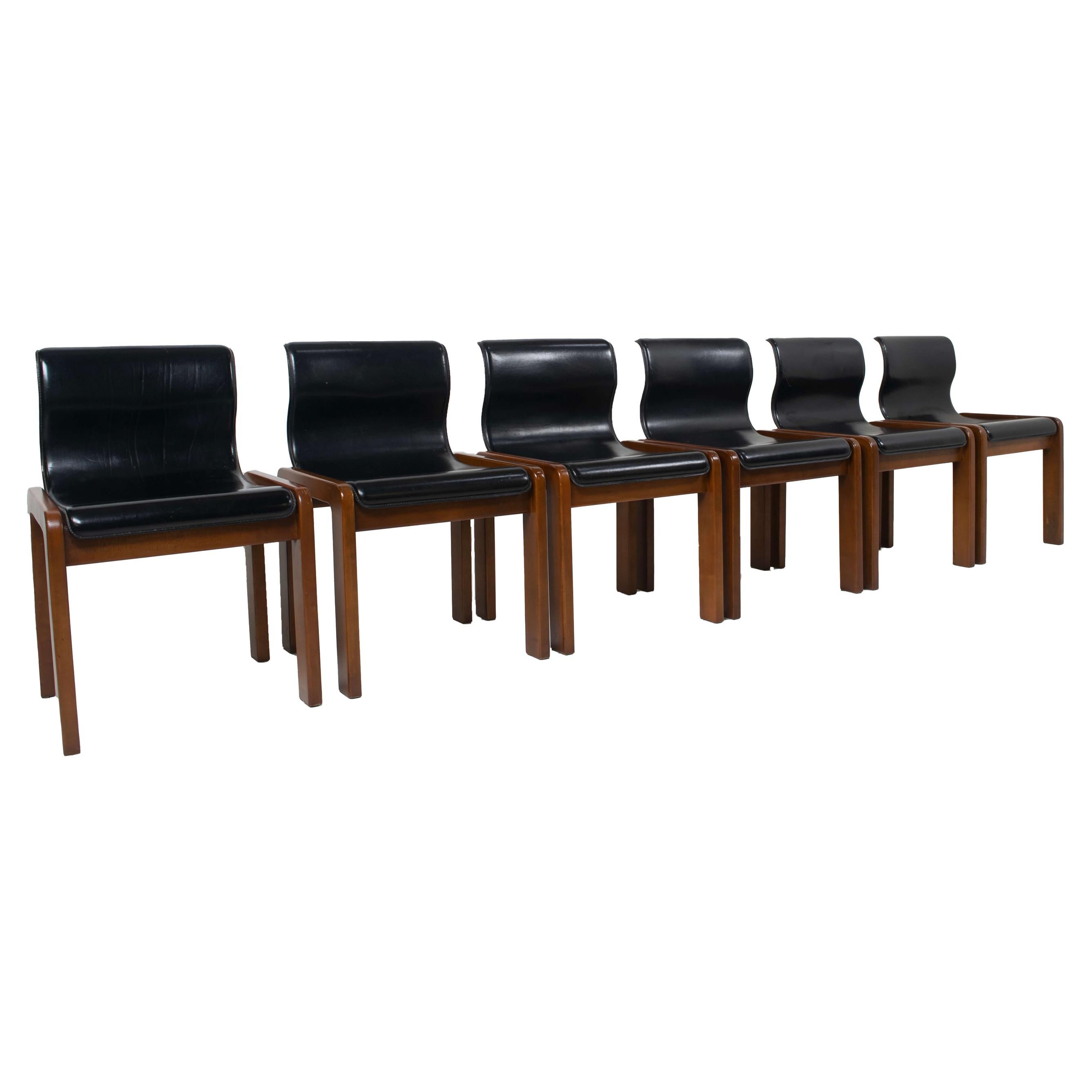 Six Afra & Tobia Scarpa Midcentury Leather and Plywood Dining Chairs, Italy