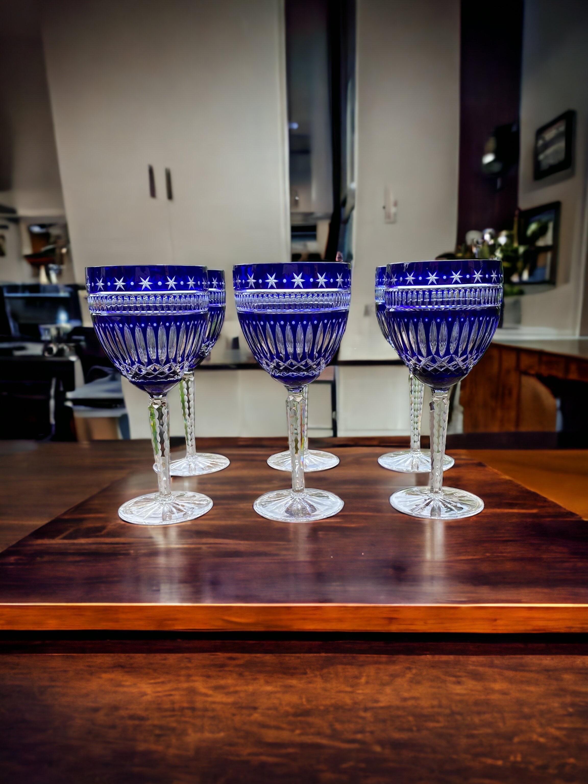 Six Ajka Serenity Star Cobalt Blue Cut To Clear Water Goblets Wine Glasses For Sale 1