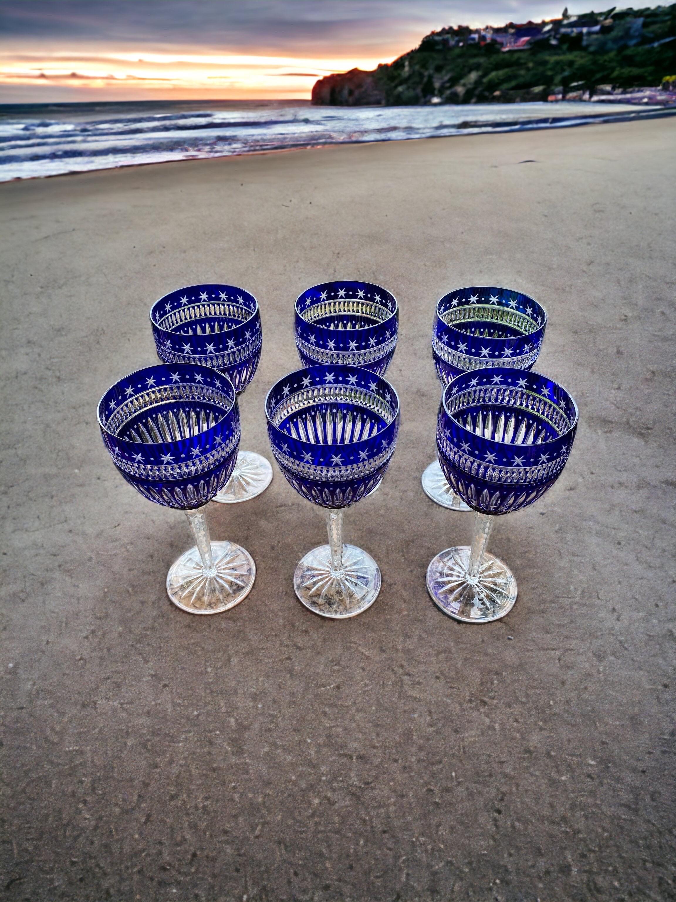 Six Ajka Serenity Star Cobalt Blue Cut To Clear Water Goblets Wine Glasses For Sale 2