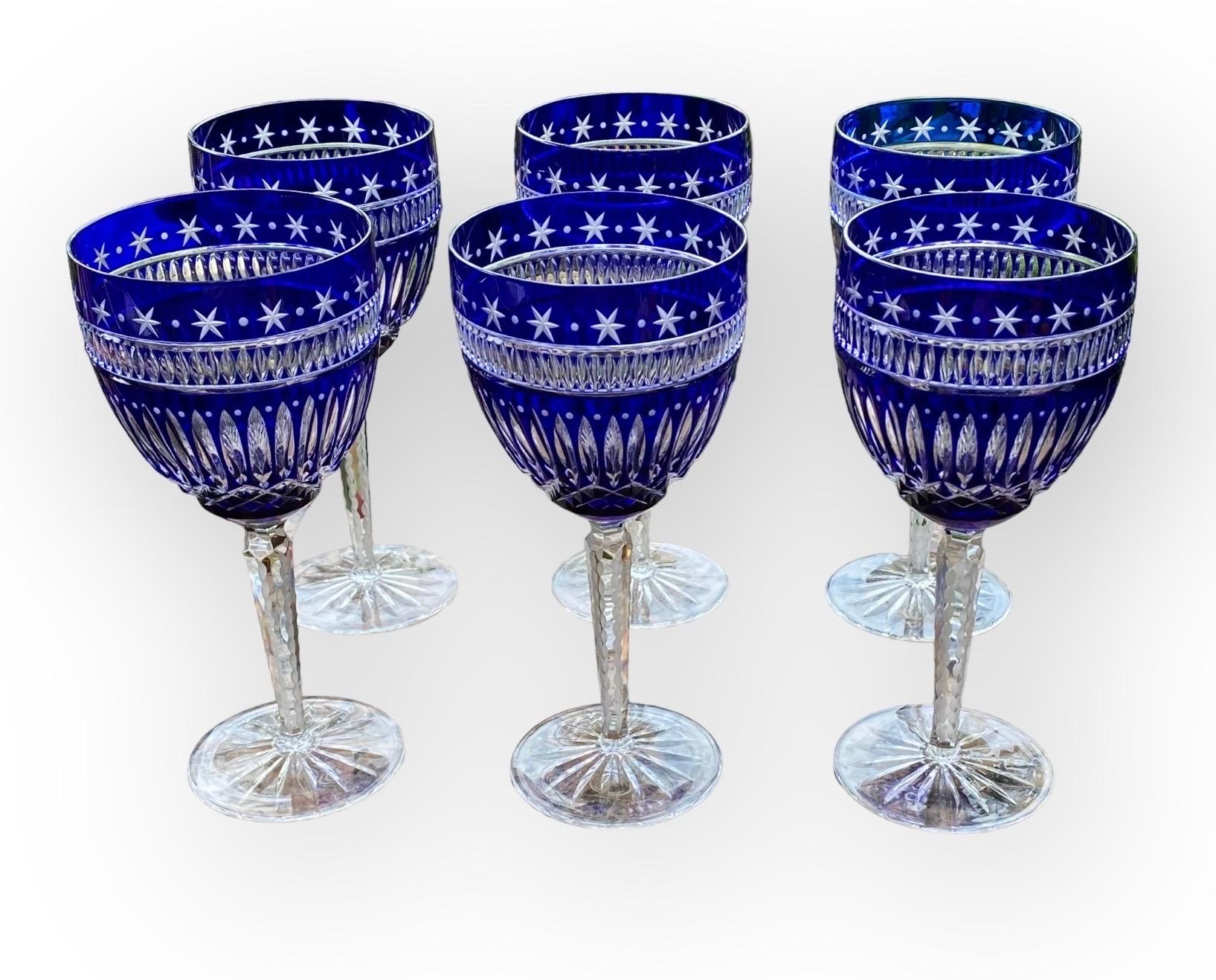 Six Ajka Serenity Star Cobalt Blue Cut To Clear Water Goblets Wine Glasses For Sale 3