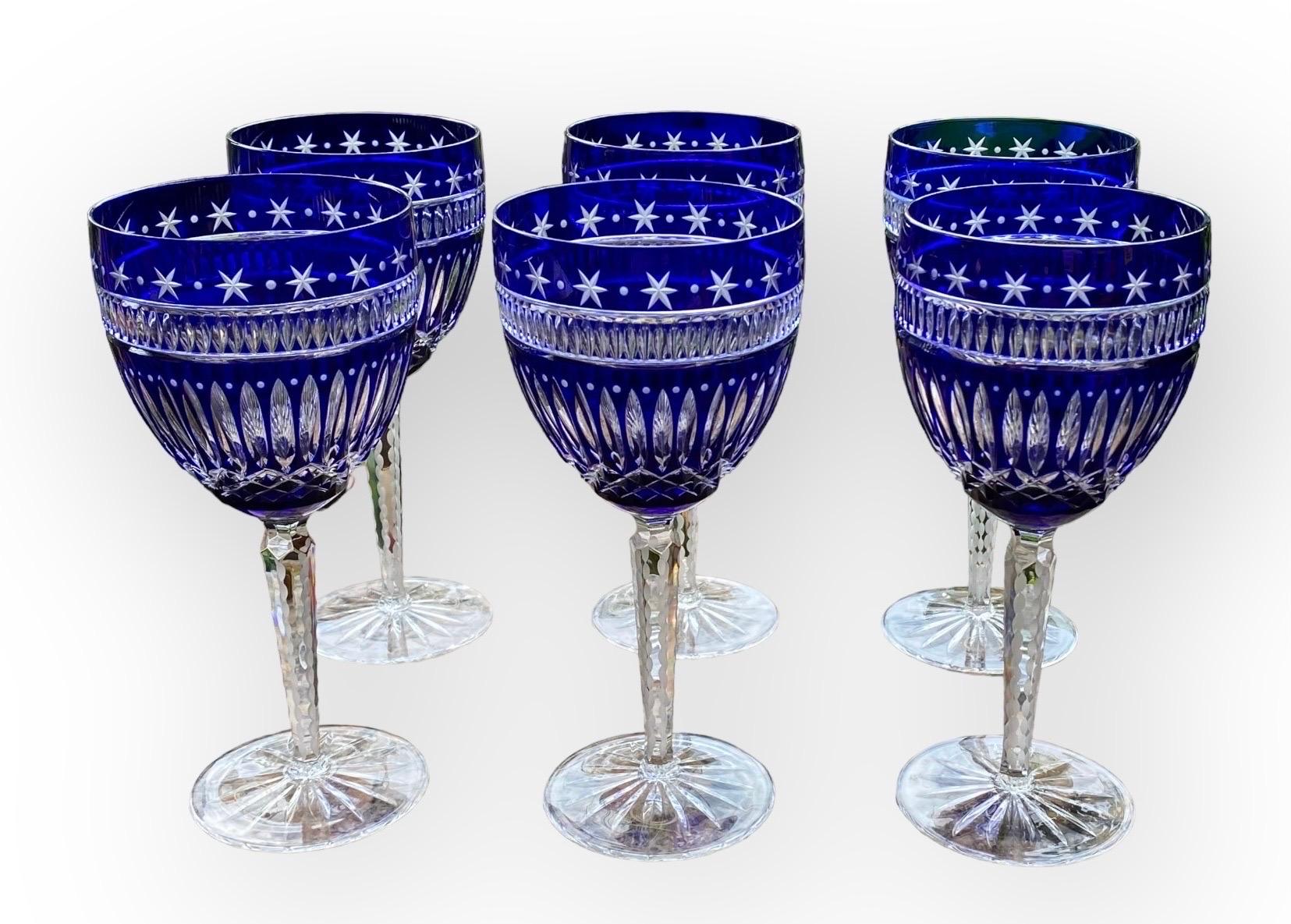 Six Ajka Serenity Star Cobalt Blue Cut To Clear Water Goblets Wine Glasses For Sale 4