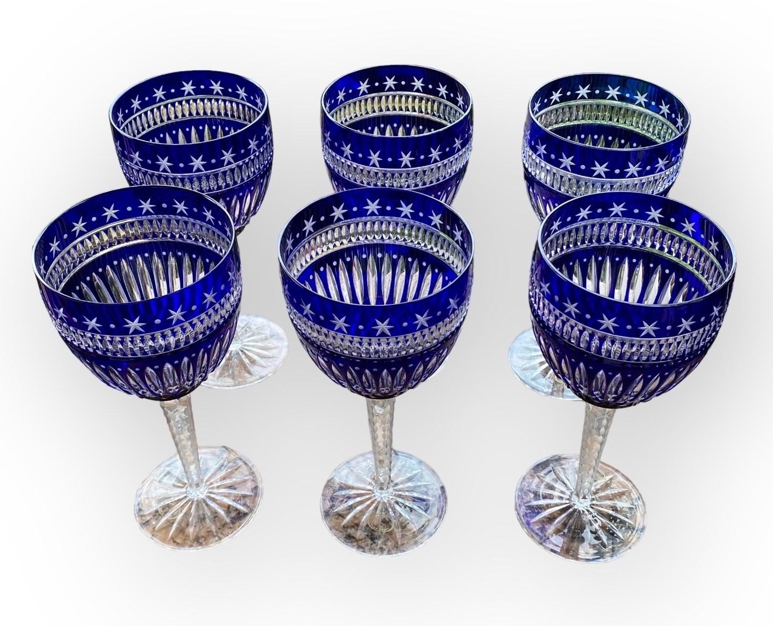 Six Ajka Serenity Star Cobalt Blue Cut To Clear Water Goblets Wine Glasses For Sale 5