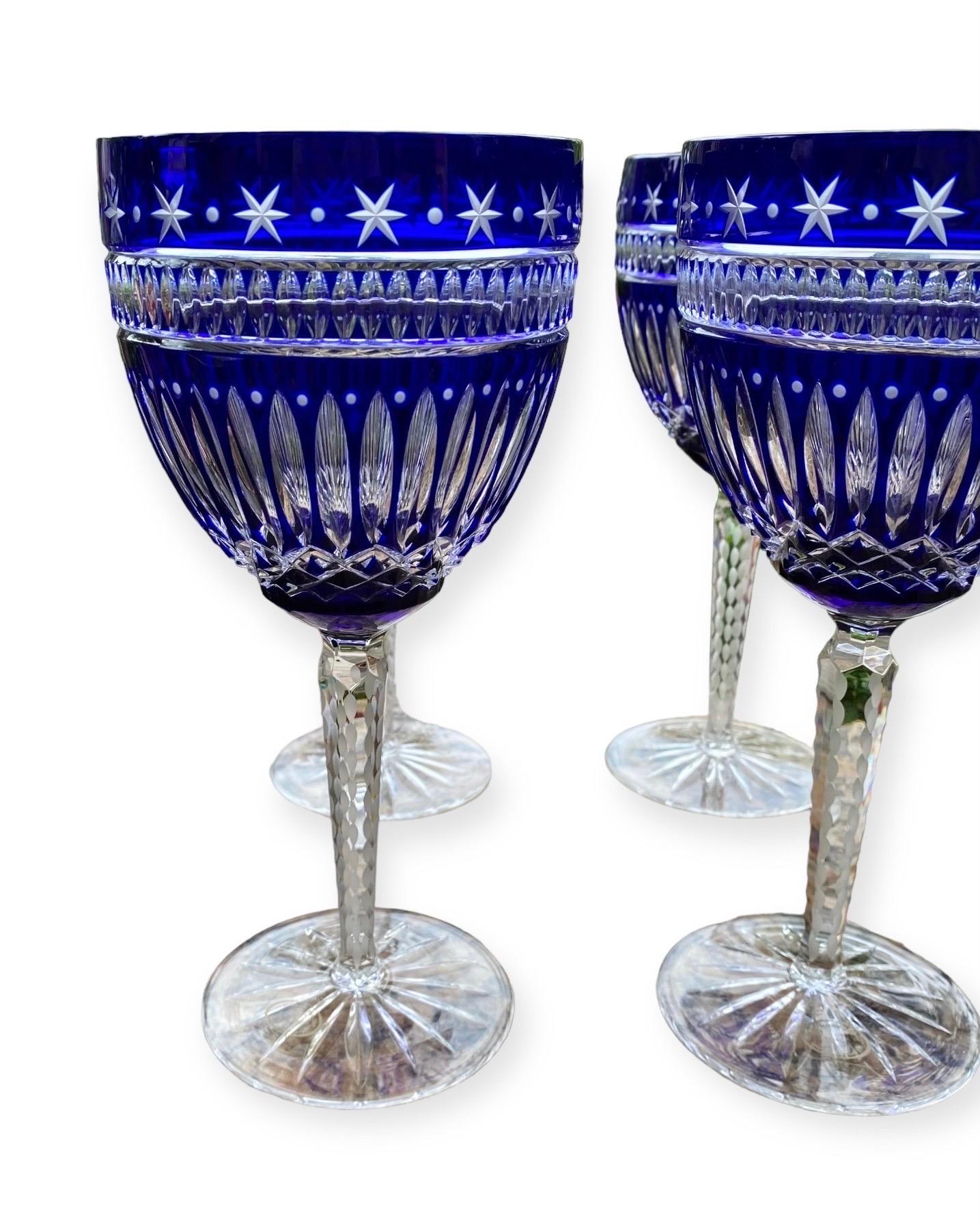 Six Ajka Serenity Star Cobalt Blue Cut To Clear Water Goblets Wine Glasses For Sale 6