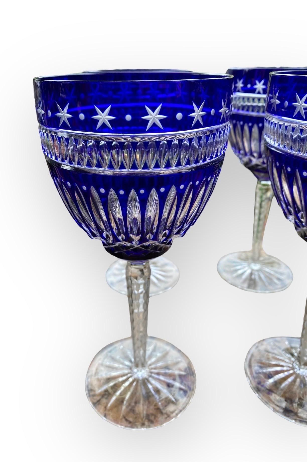 Six Ajka Serenity Star Cobalt Blue Cut To Clear Water Goblets Wine Glasses For Sale 7